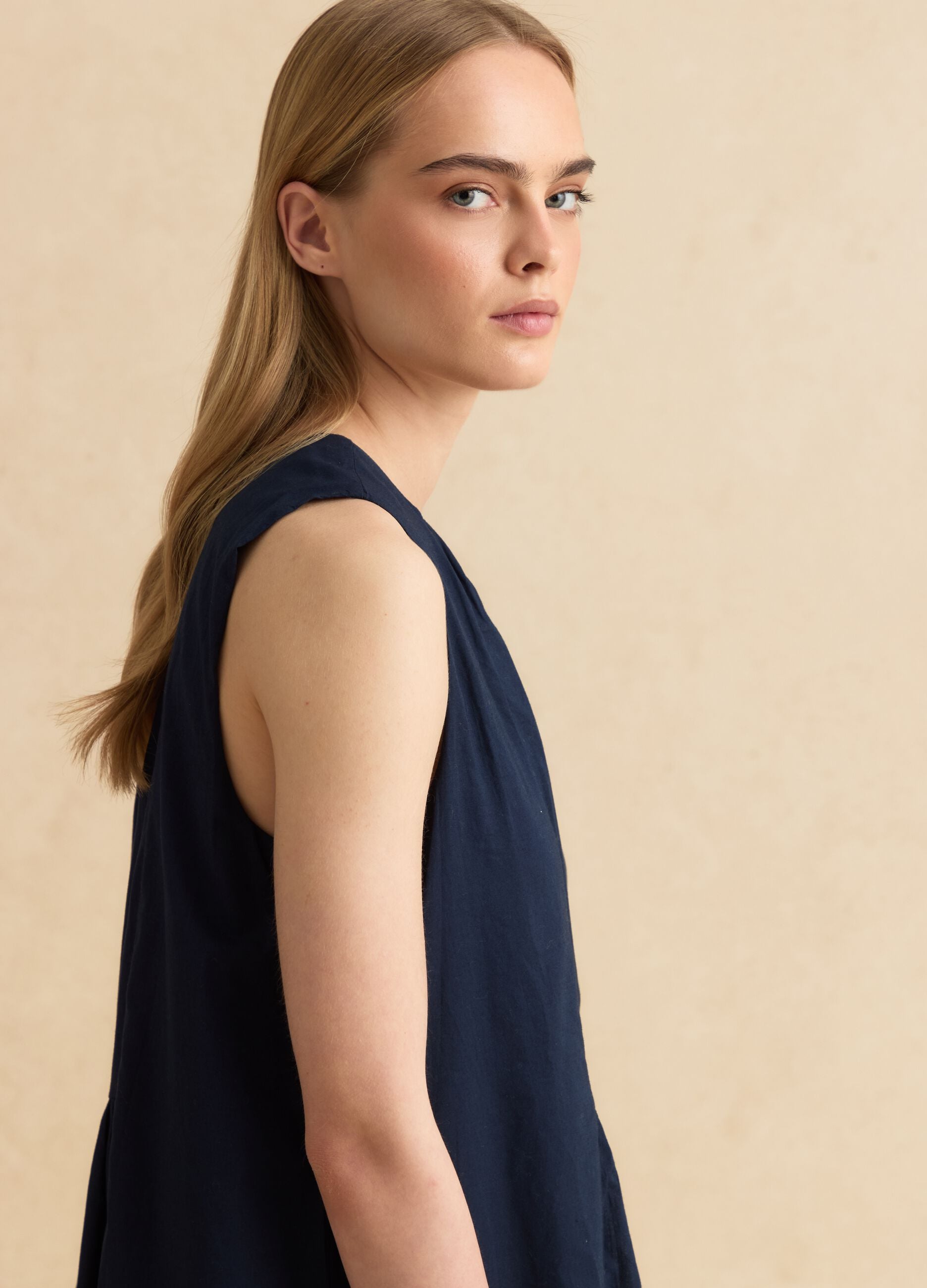 Blue pure cotton midi dress, regular fit with ruching