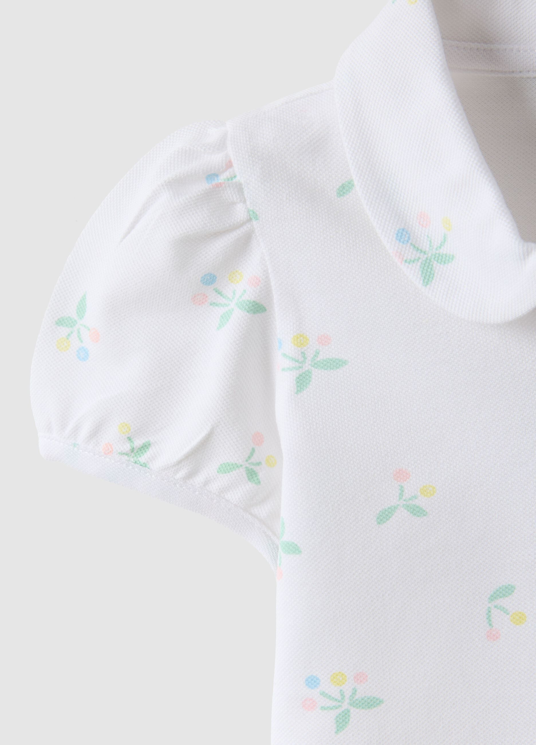 Girls' white cotton polo regular fit with floral pattern