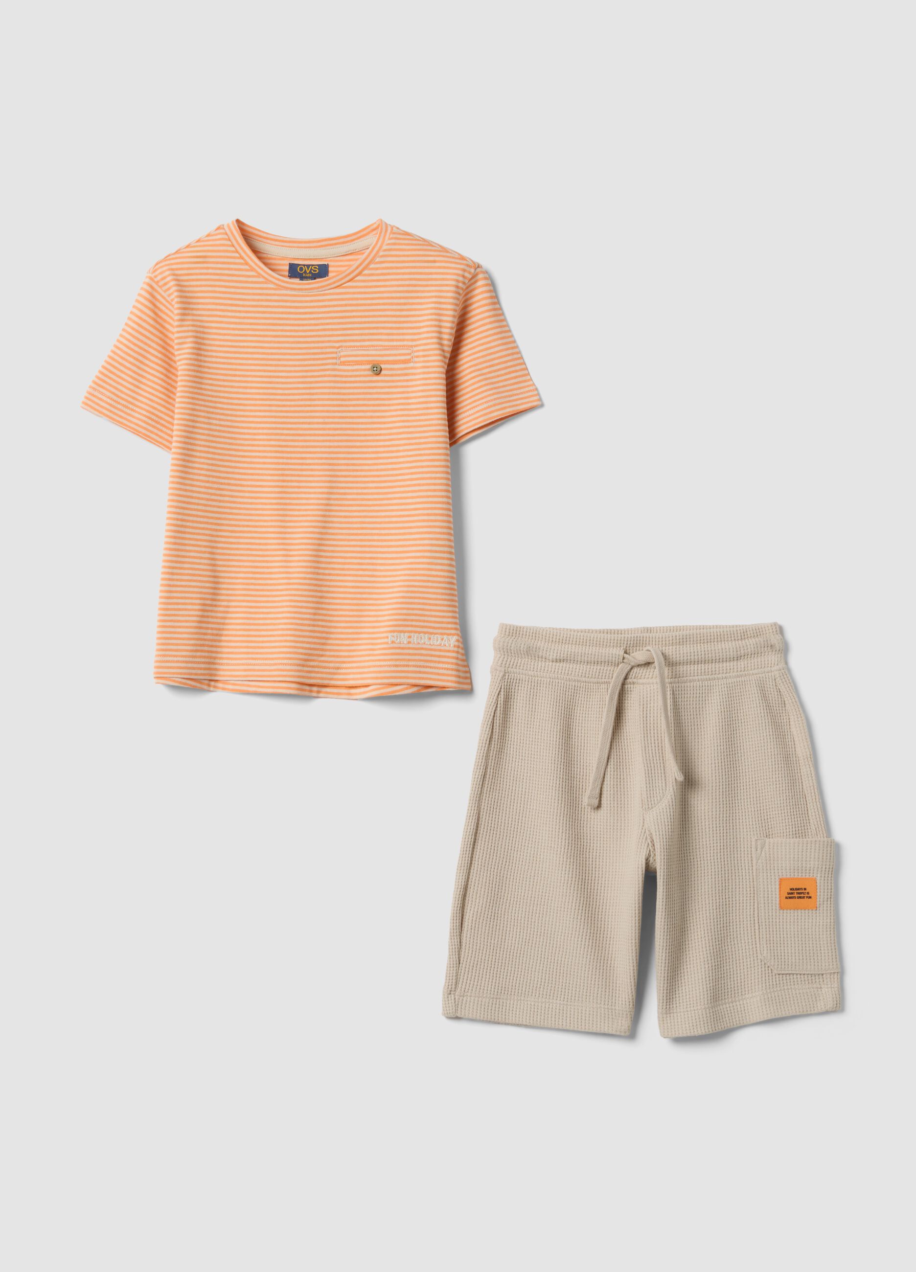 Orange and beige cotton-blend set with T-shirt and shorts
