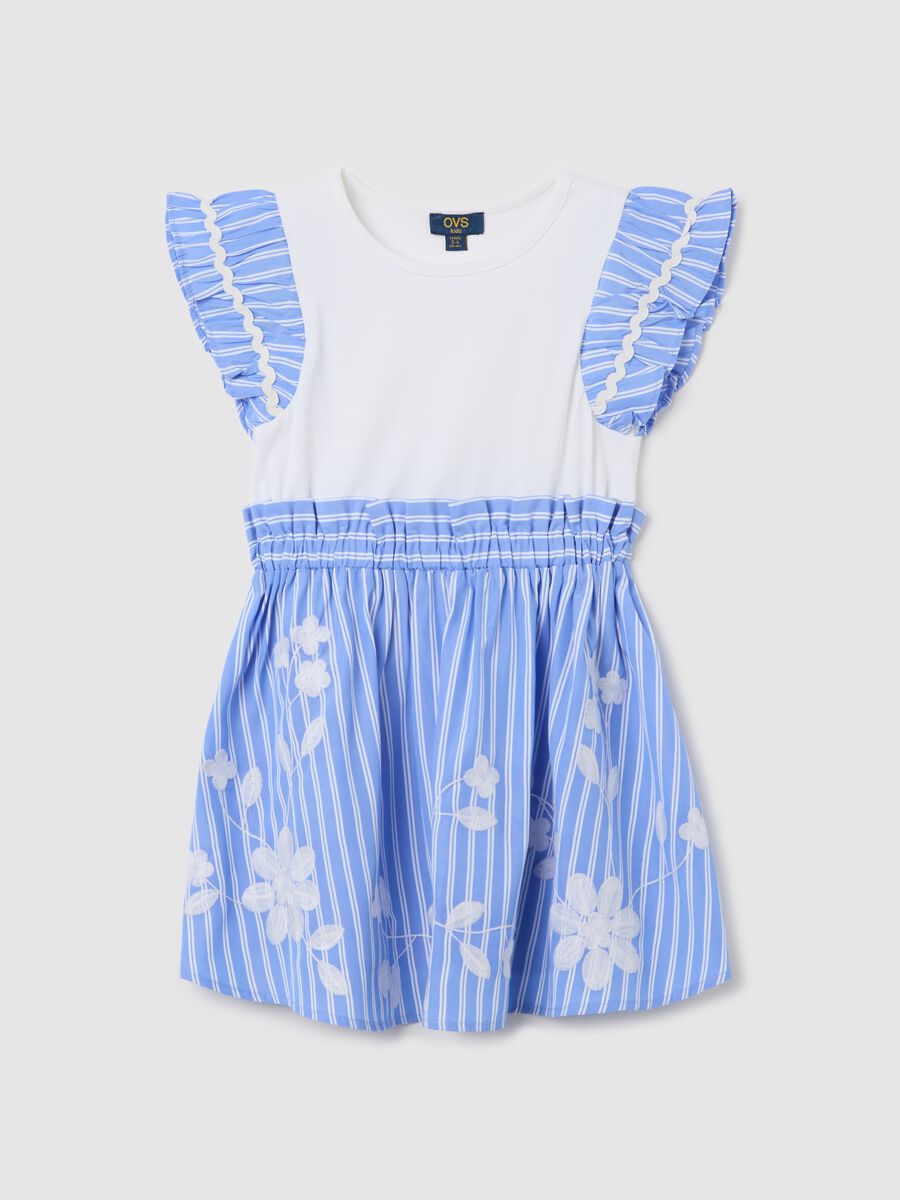 Dress with white and light blue stripes and floral embroidery_0