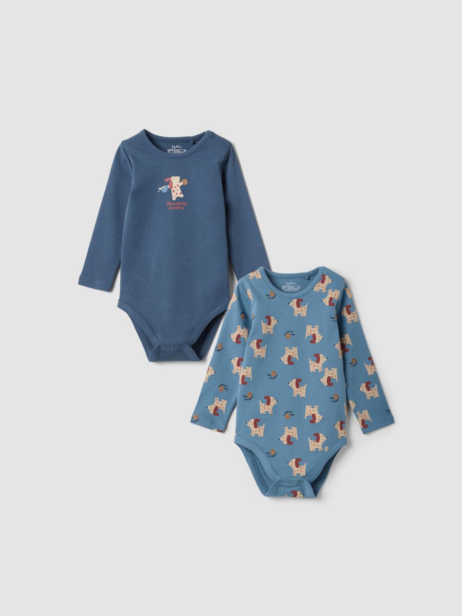 Pack of 2 blue organic cotton crew-neck baby bodysuits with puppy print_0