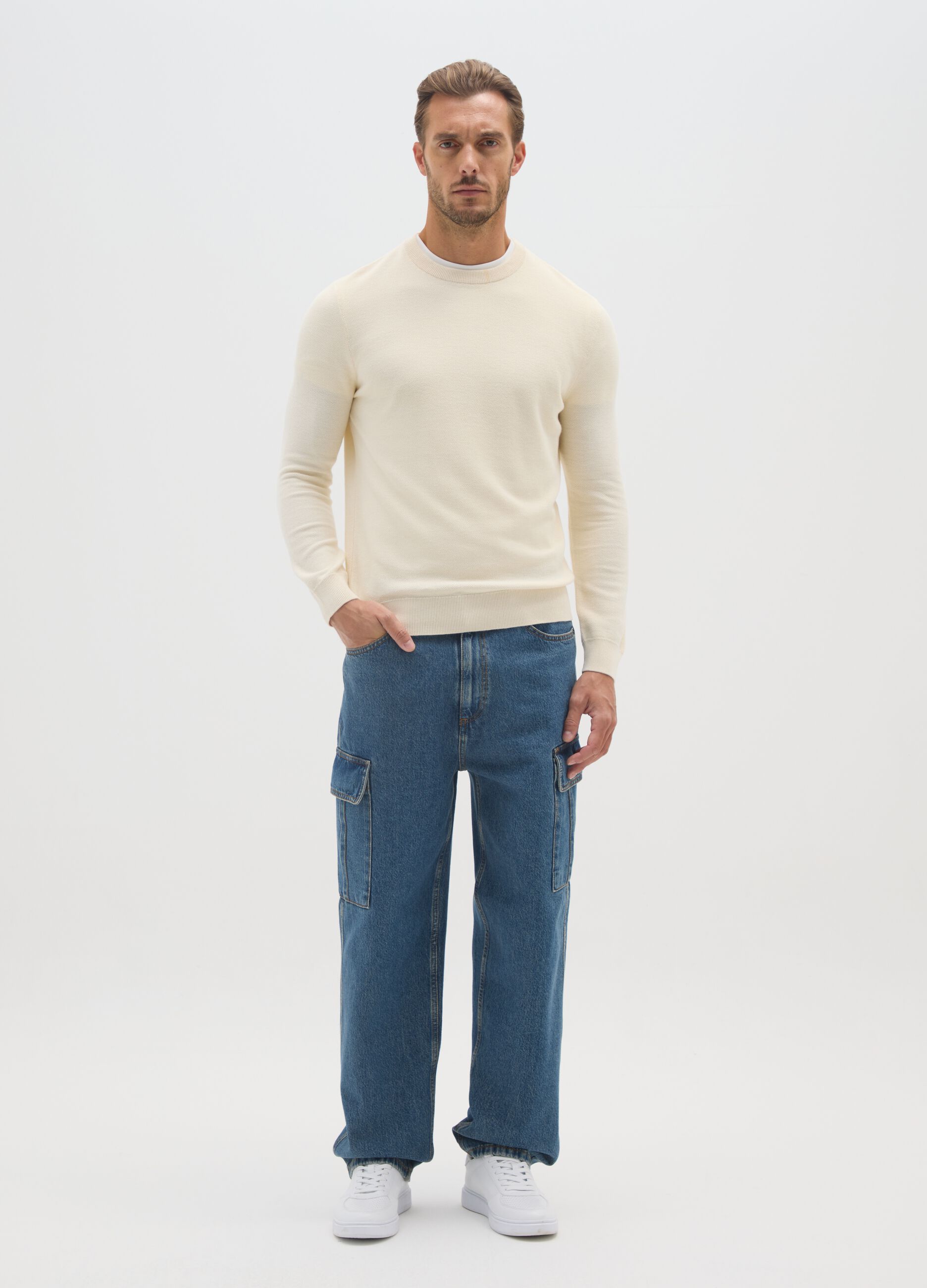 Beige cotton blend crewneck sweater in regular fit