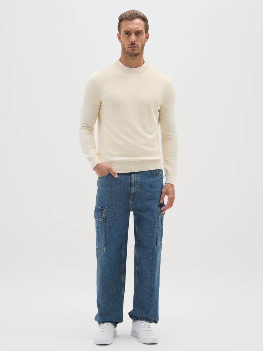 Beige cotton blend crewneck sweater in regular fit_1