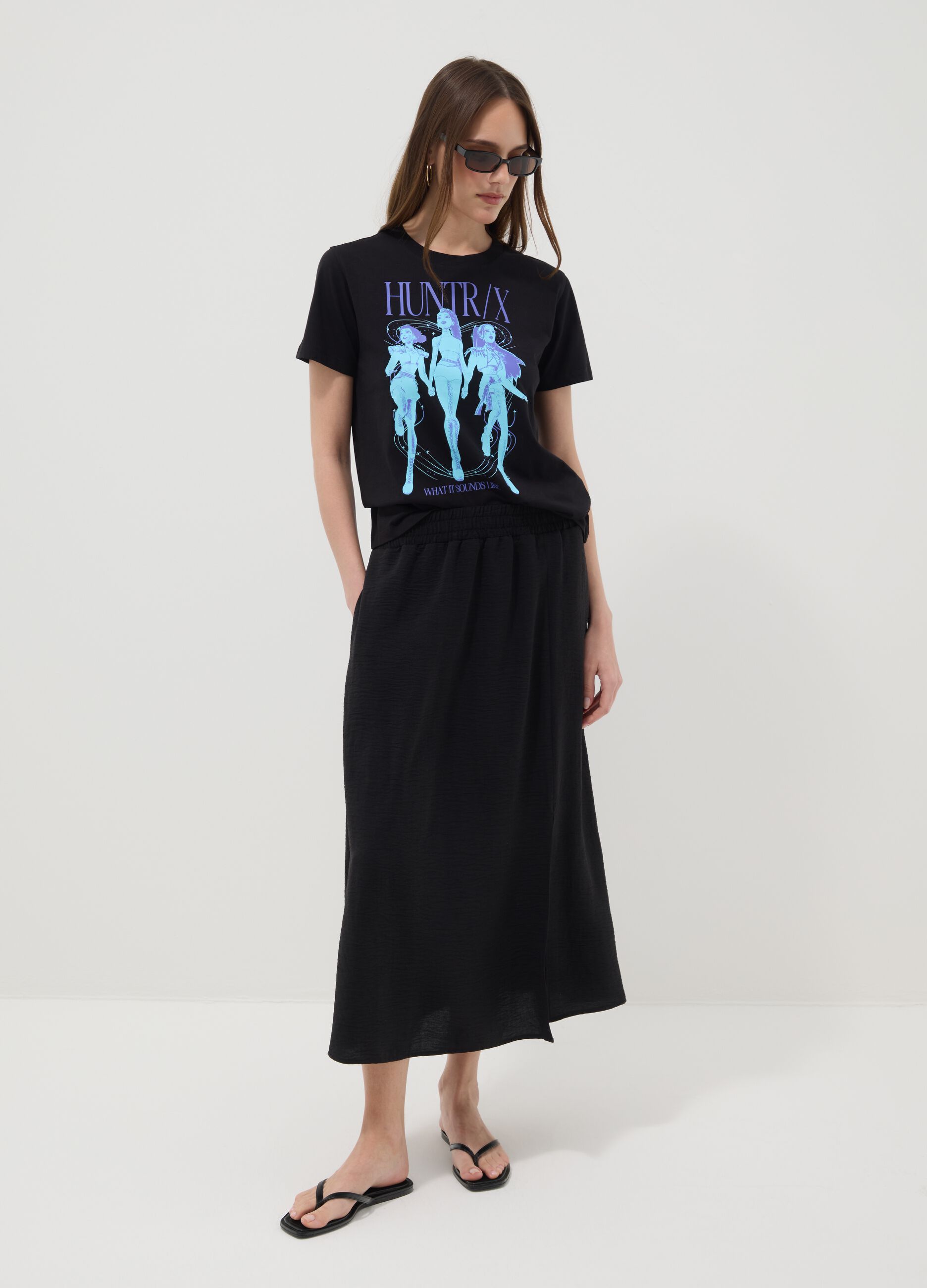 T-shirt nera in puro cotone con stampa K-Pop Demon Hunter oversize fit