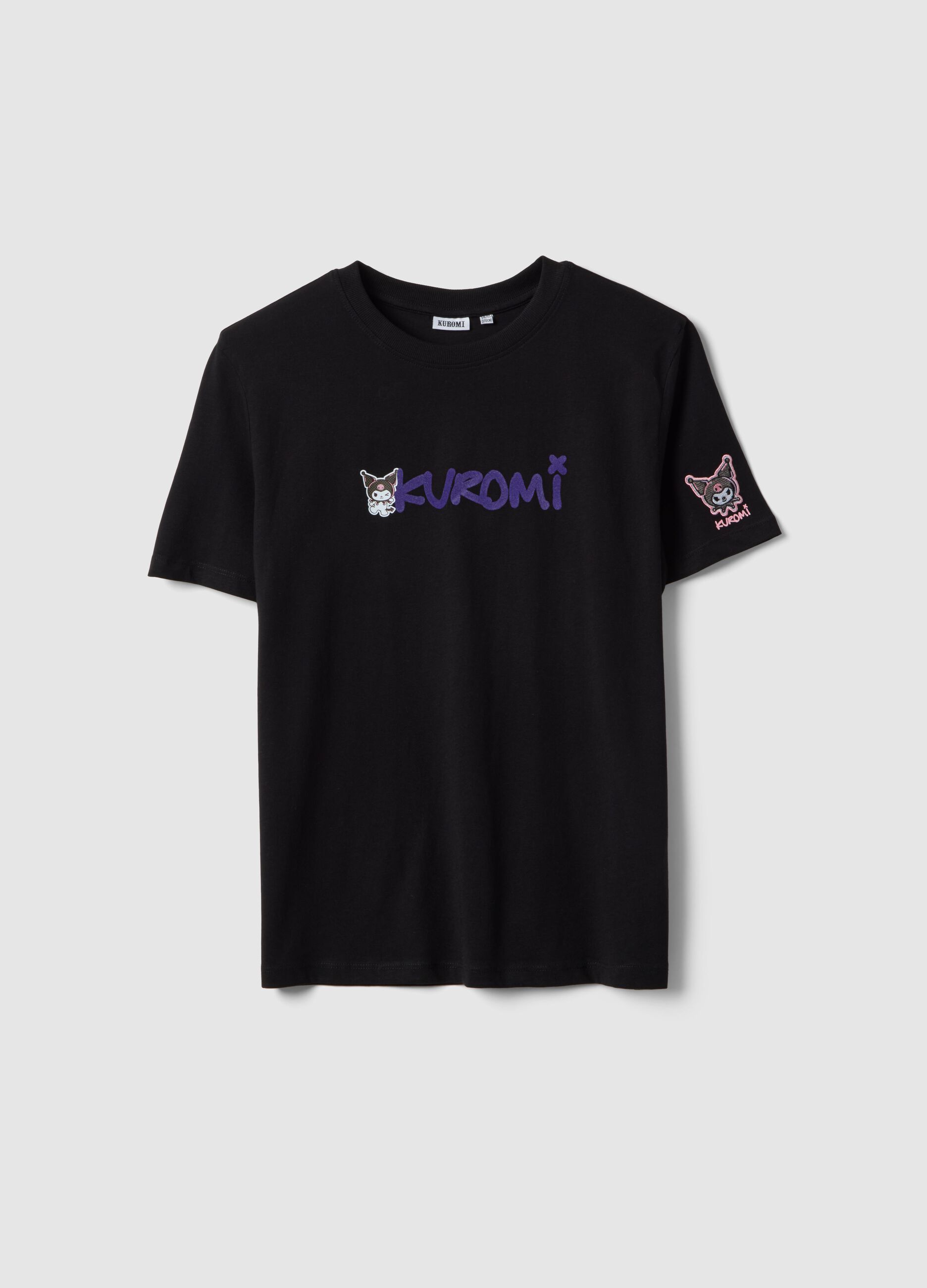 Girls' regular fit black pure cotton T-shirt with Kuromi