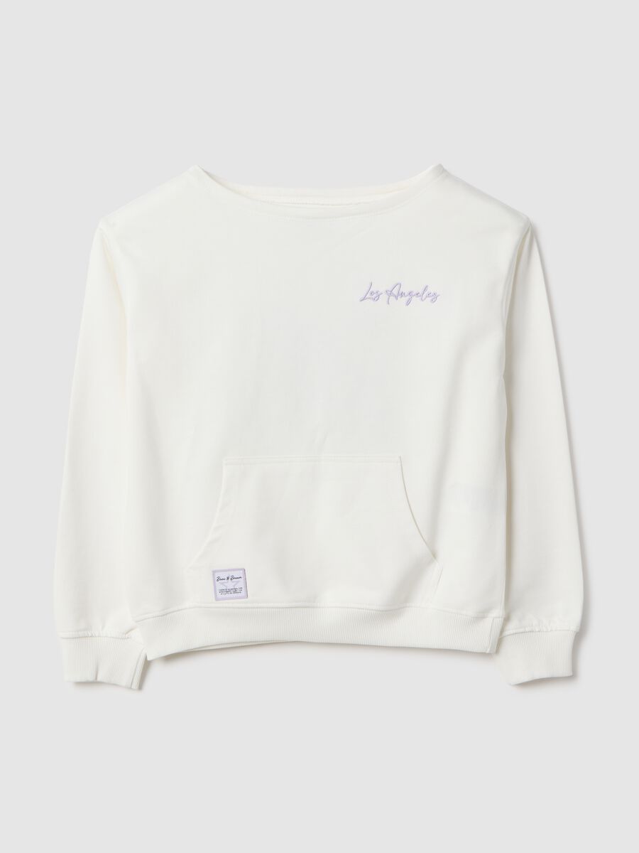 White pure cotton oversized fit girls' sweatshirt with boat neckline_0