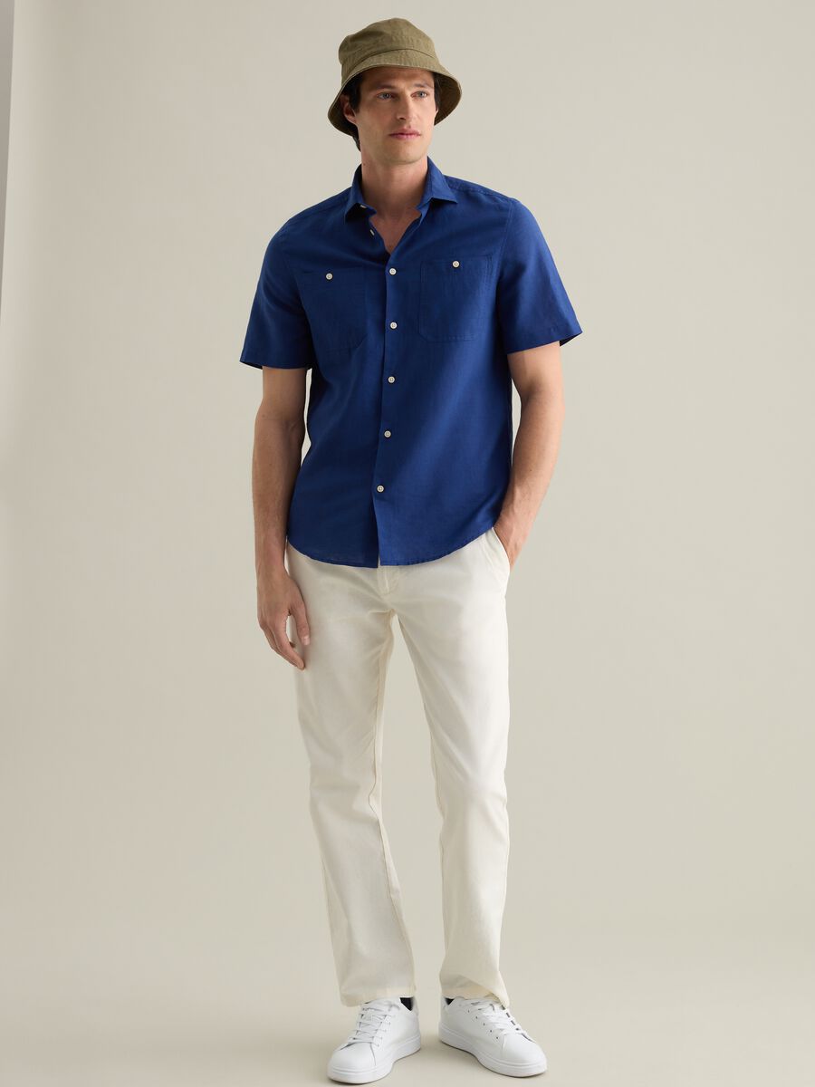 Blue Short Sleeve Linen and Cotton Piombo Shirt_1