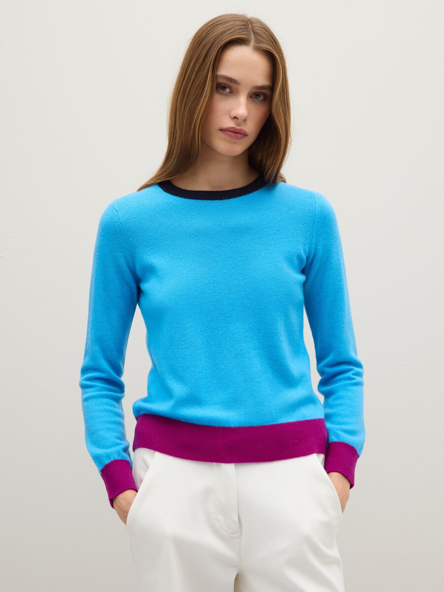 Sky Blue Pure Wool Jumper with Contrast Cuffs_0