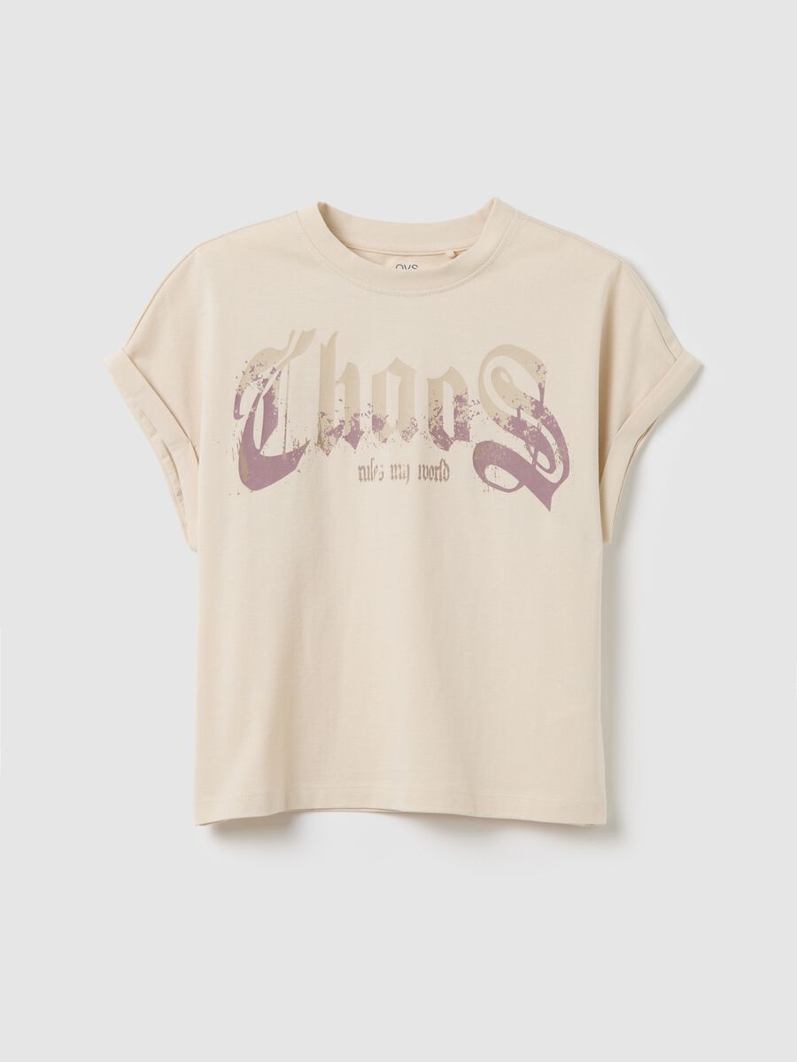 T-shirt da ragazza in puro cotone beige regular fit con stampa_3