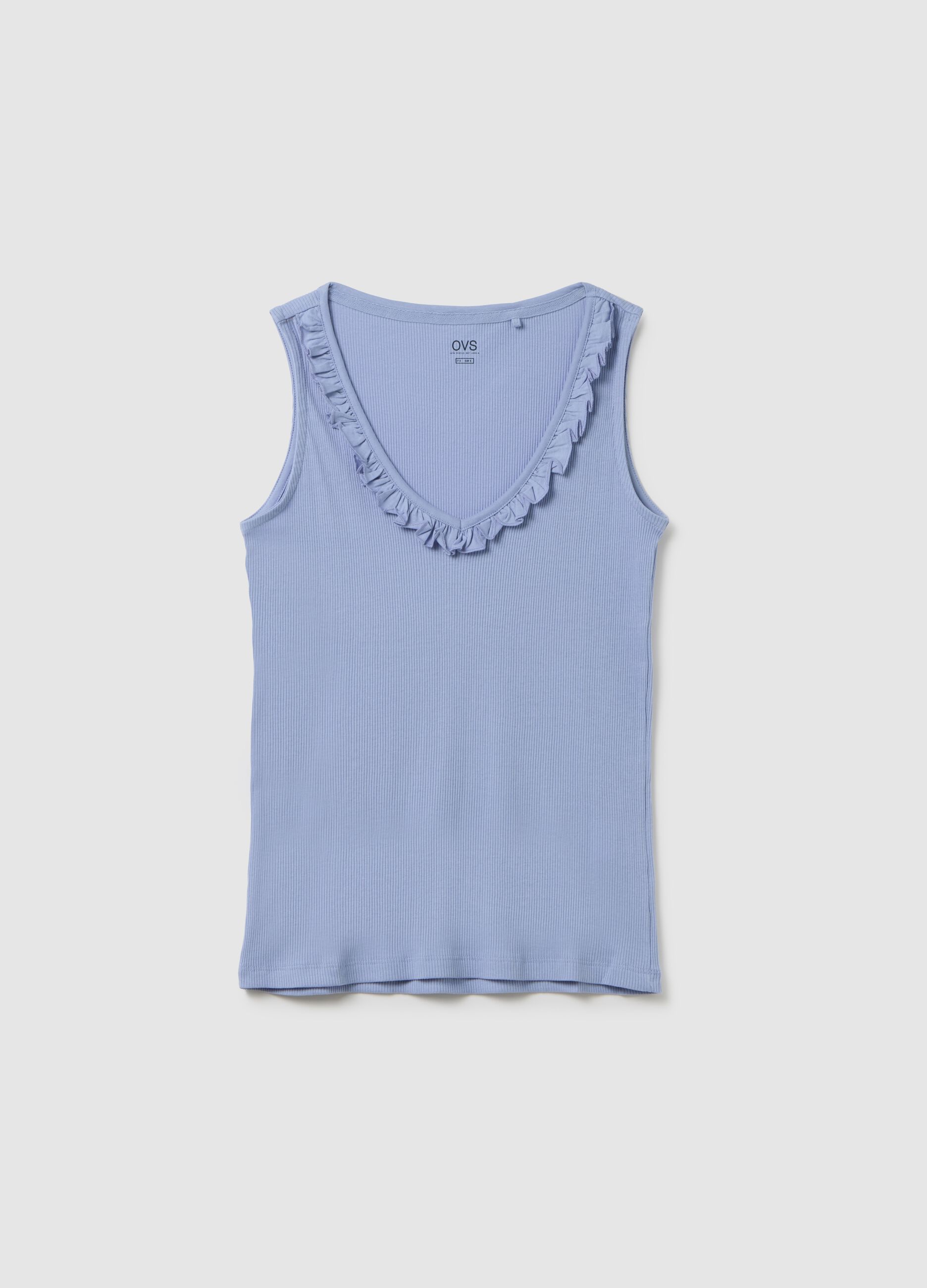 Blue pure cotton sleeveless top in regular fit with ruffles