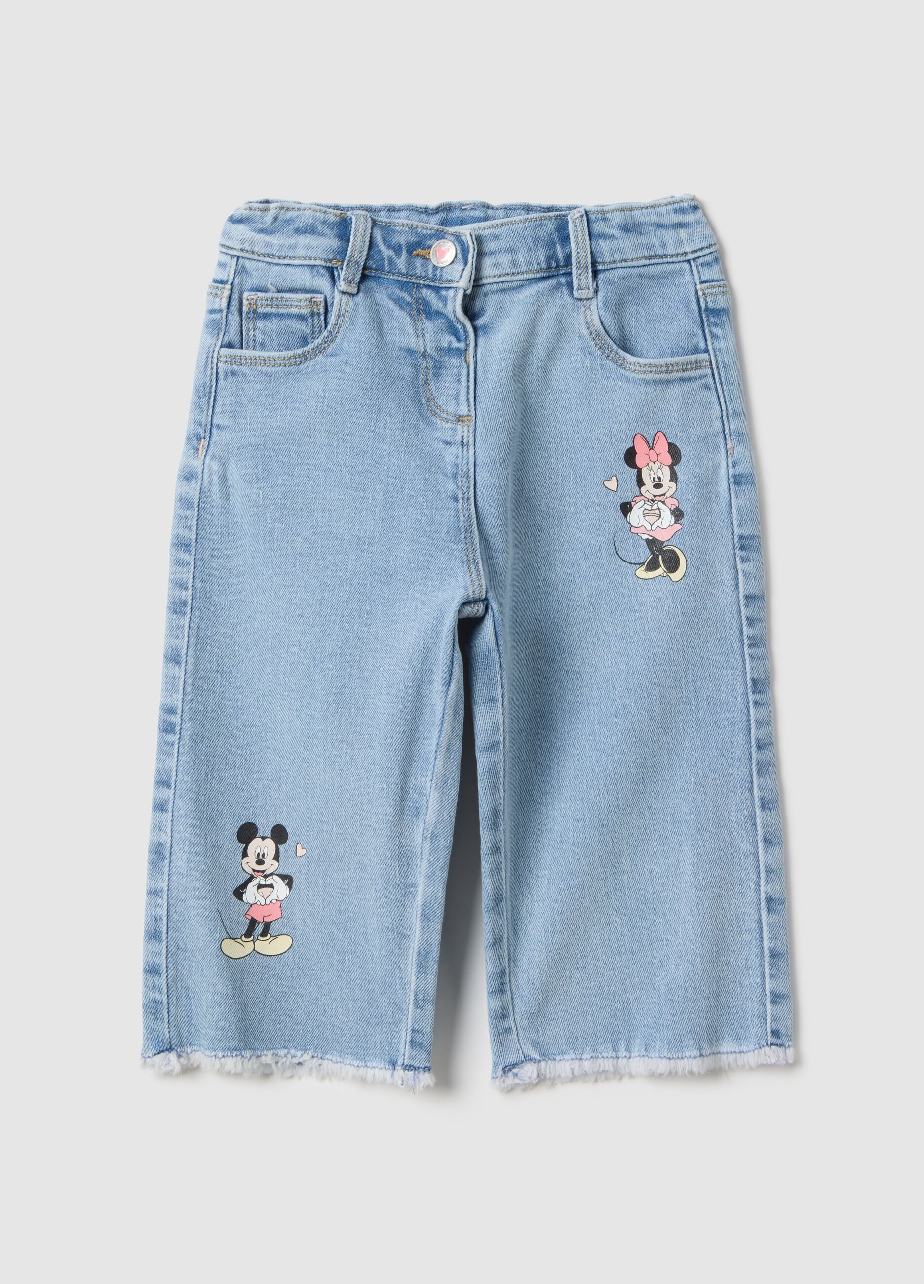 Blue wide leg cotton trousers with Mickey and Minnie for girls