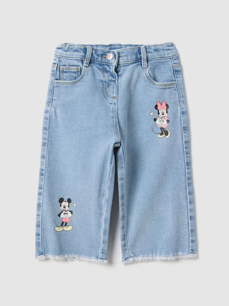 Blue wide leg cotton trousers with Mickey and Minnie for girls_0