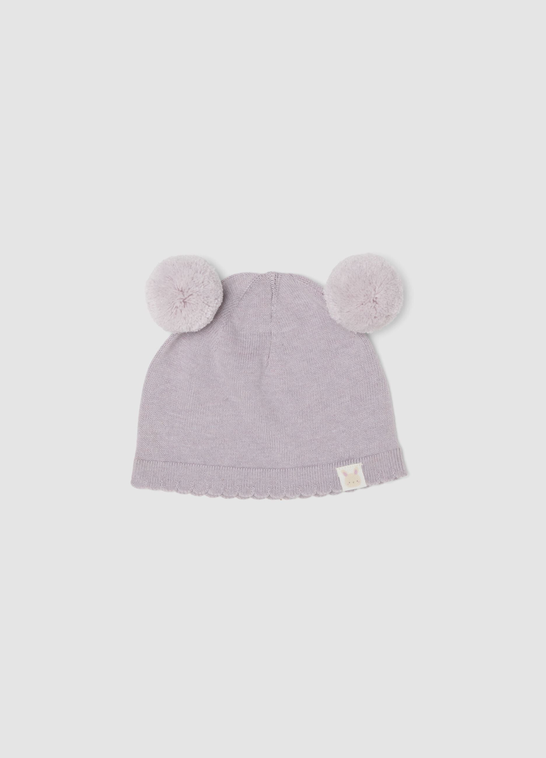 Pink pure organic cotton knitted hat with pom‑poms for baby girl