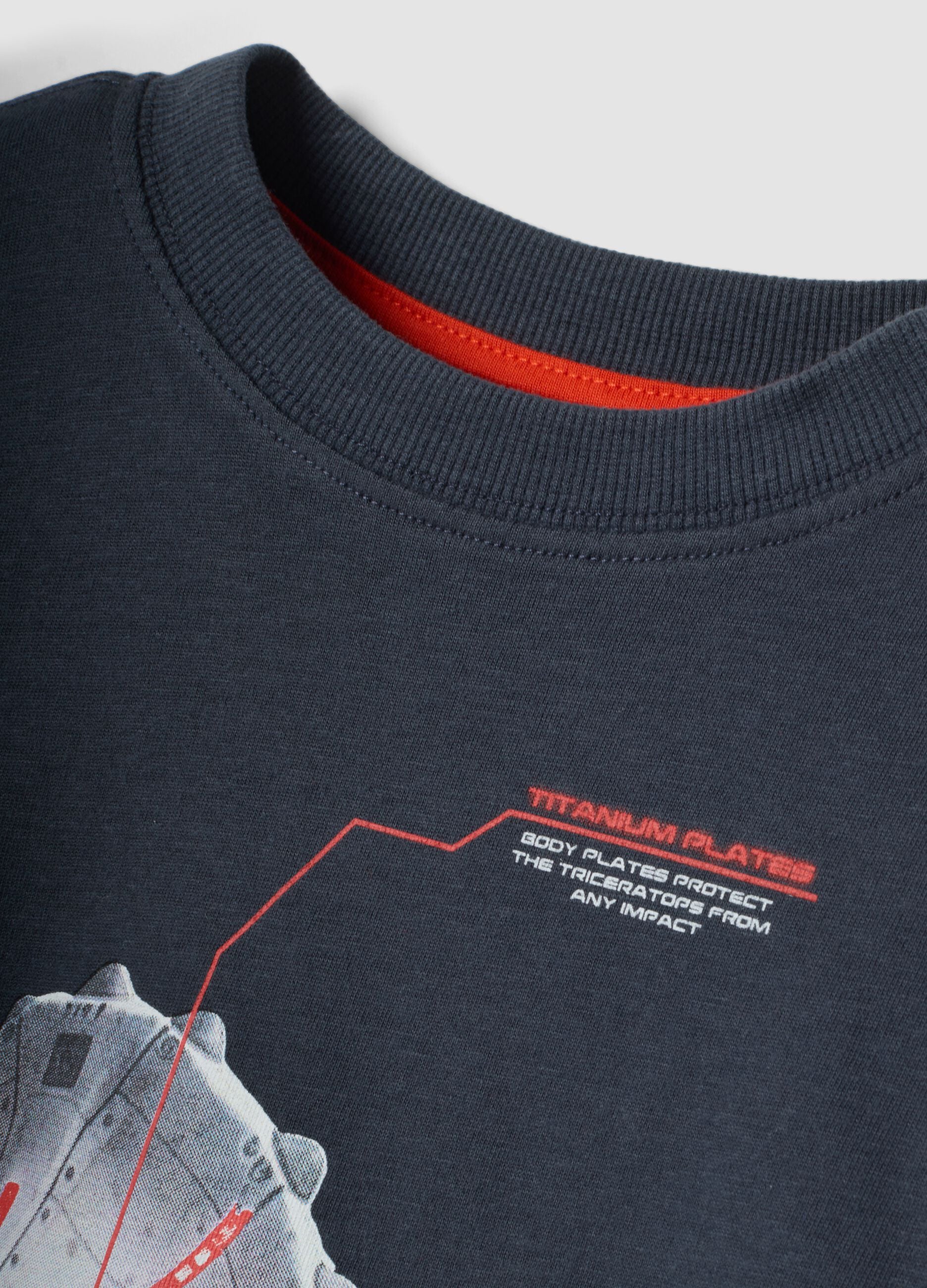 T-shirt grigia girocollo in puro cotone organico con stampa dinosauro