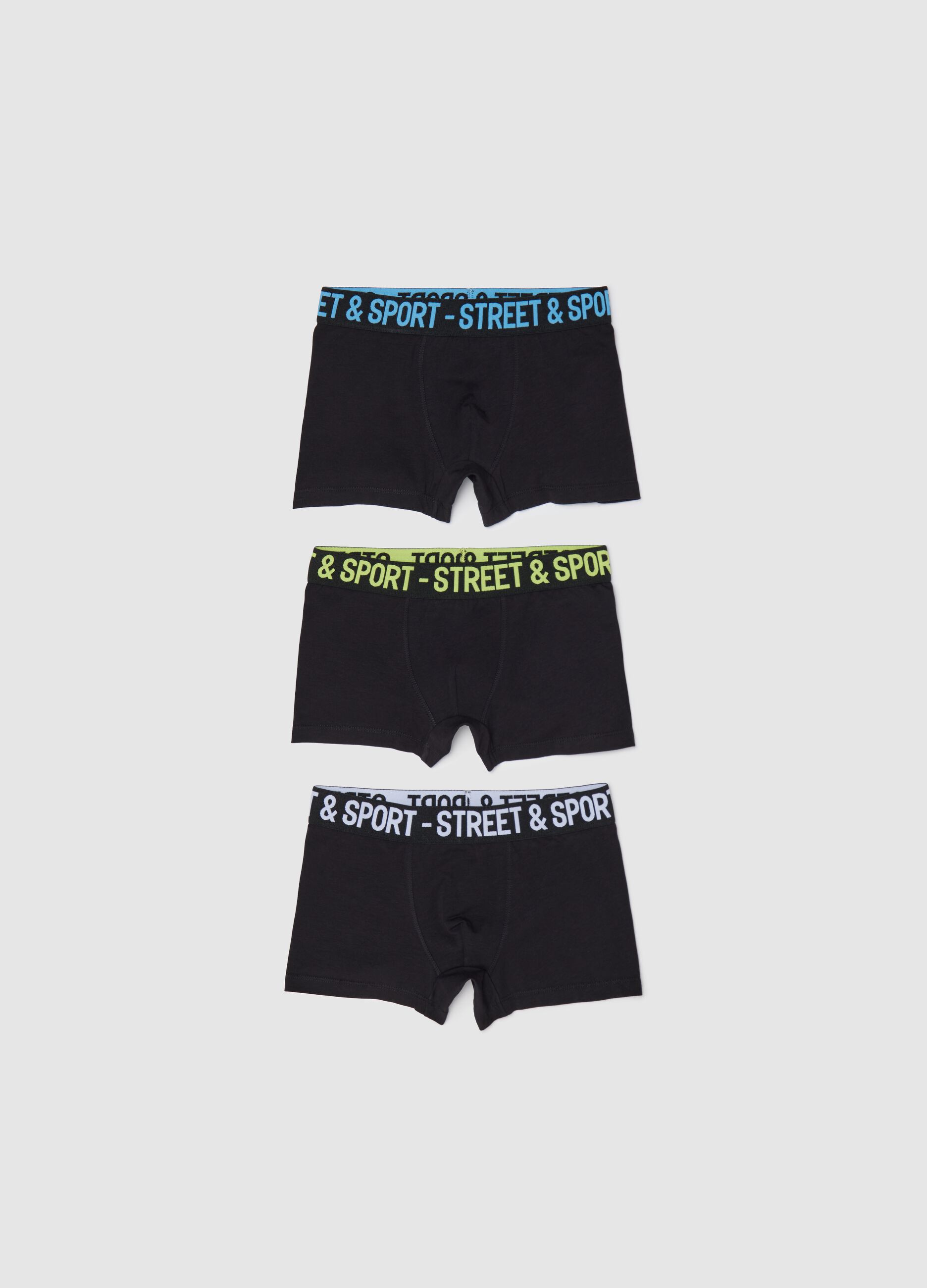 Three-pack black boxer shorts in stretch cotton with lettering