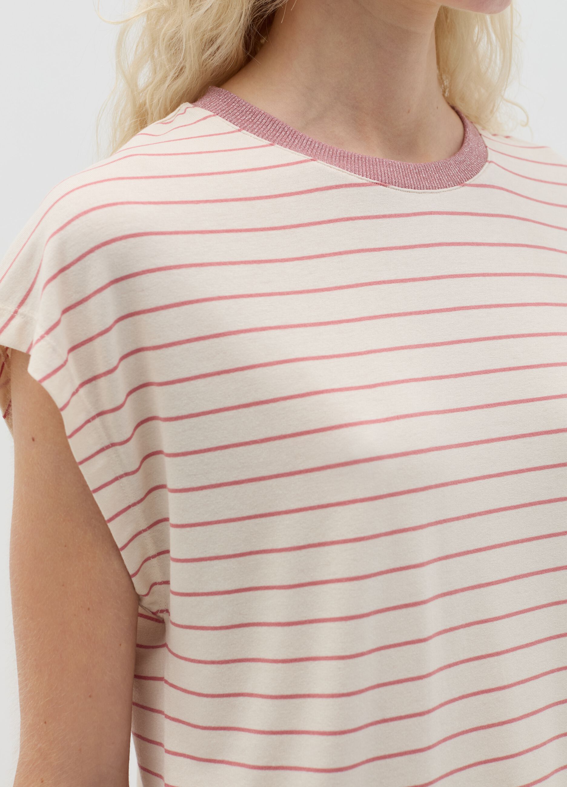 Pink and beige striped T-shirt with short sleeves