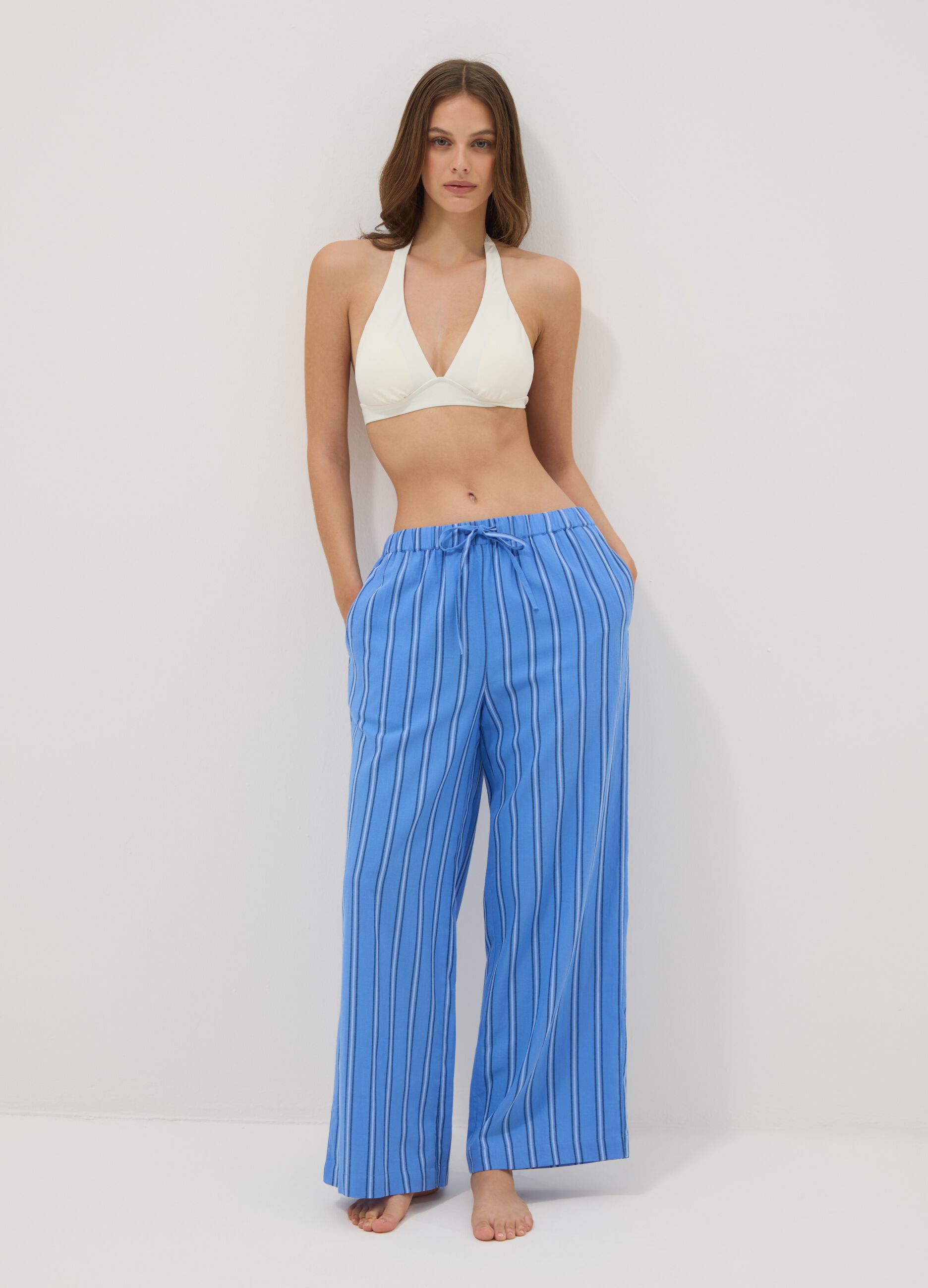 Blue pure cotton striped beach cover-up trousers