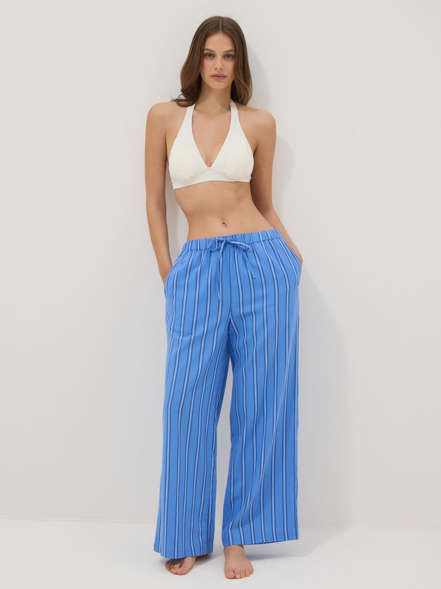Blue pure cotton striped beach cover-up trousers_0