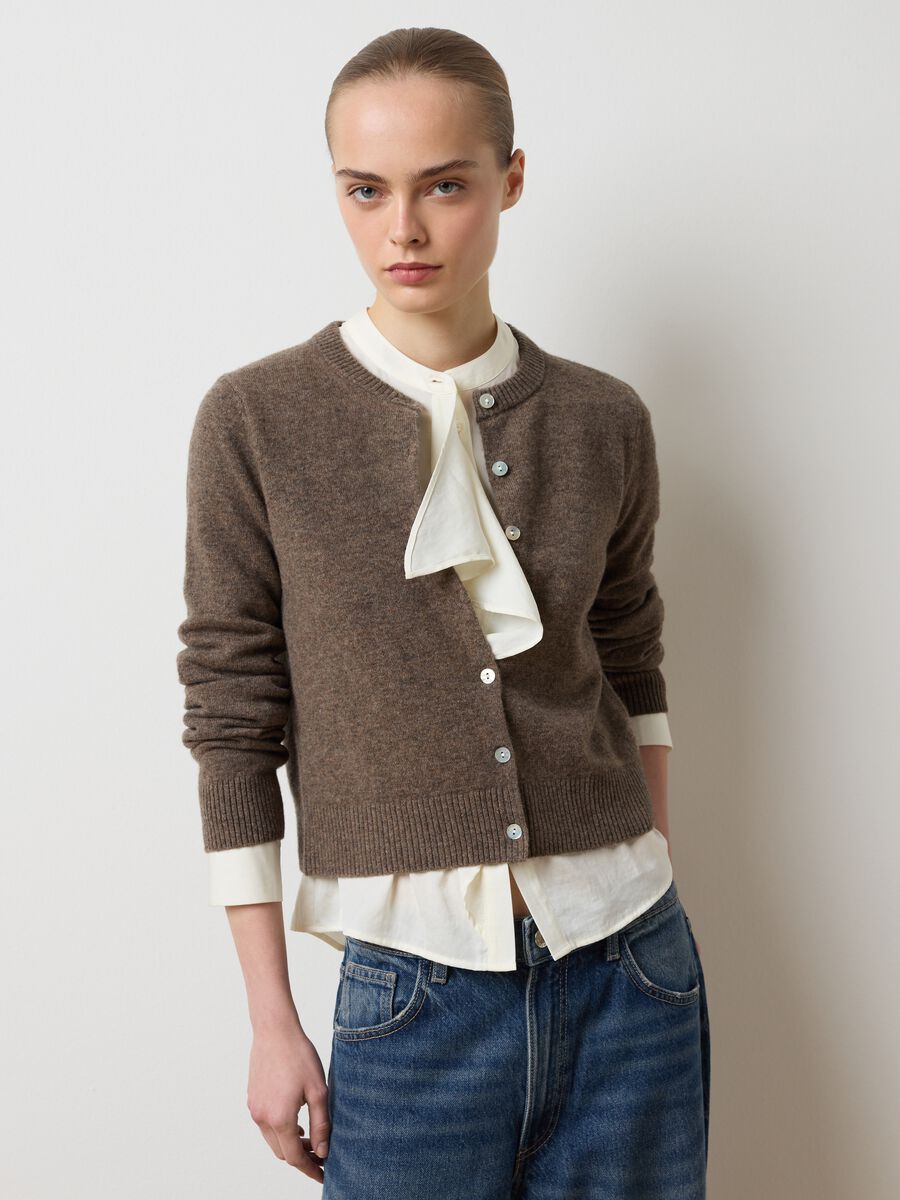 Brown crew neck cardigan in pure wool regular fit_1