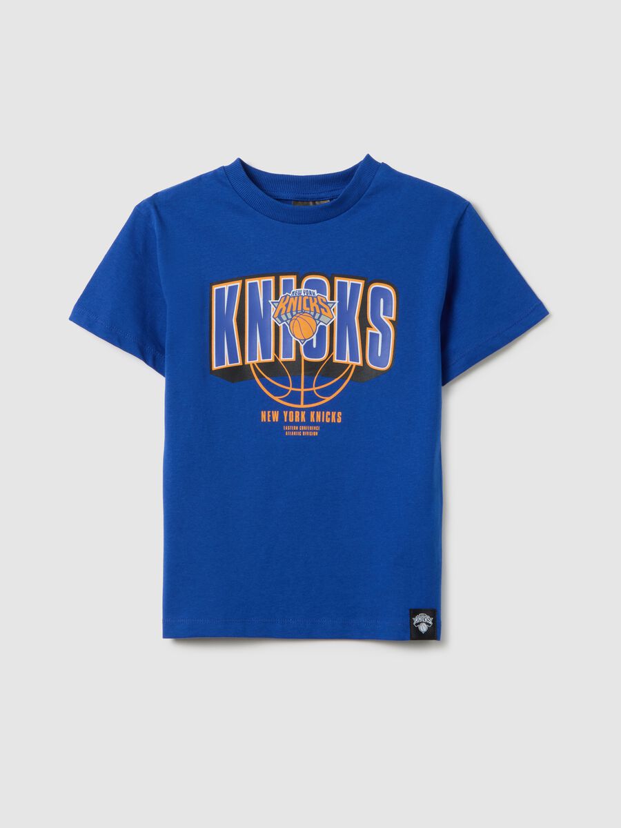Children's blue pure cotton regular fit T-shirt with New York Knicks logo_0