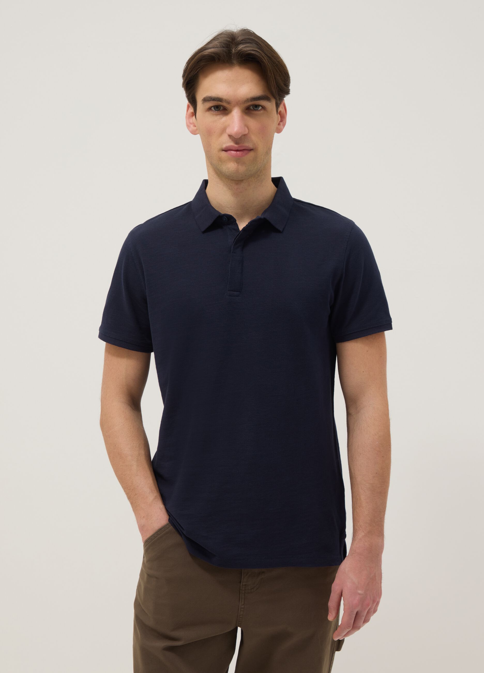 Short-sleeved blue pure cotton polo regular fit