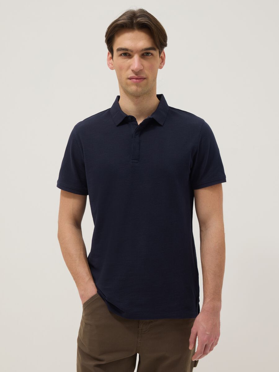 Short-sleeved blue pure cotton polo regular fit_0
