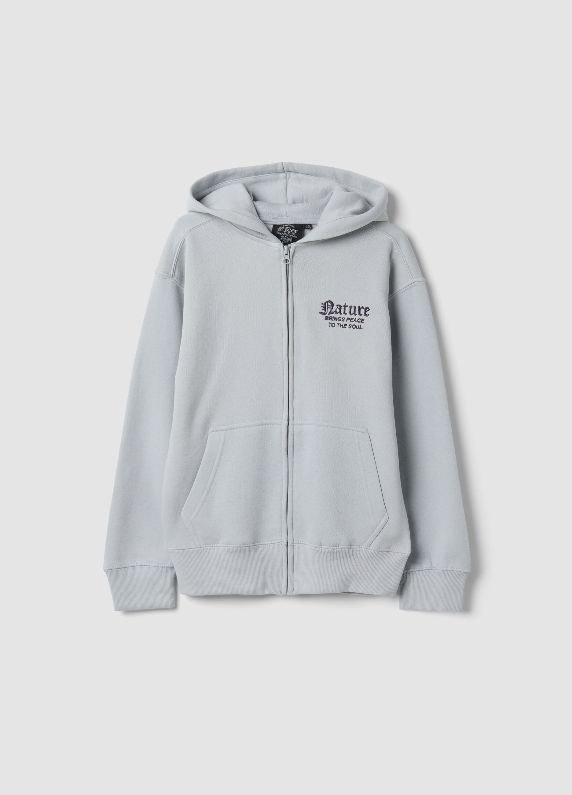 Grey cotton-blend hoodie with chest print, regular fit