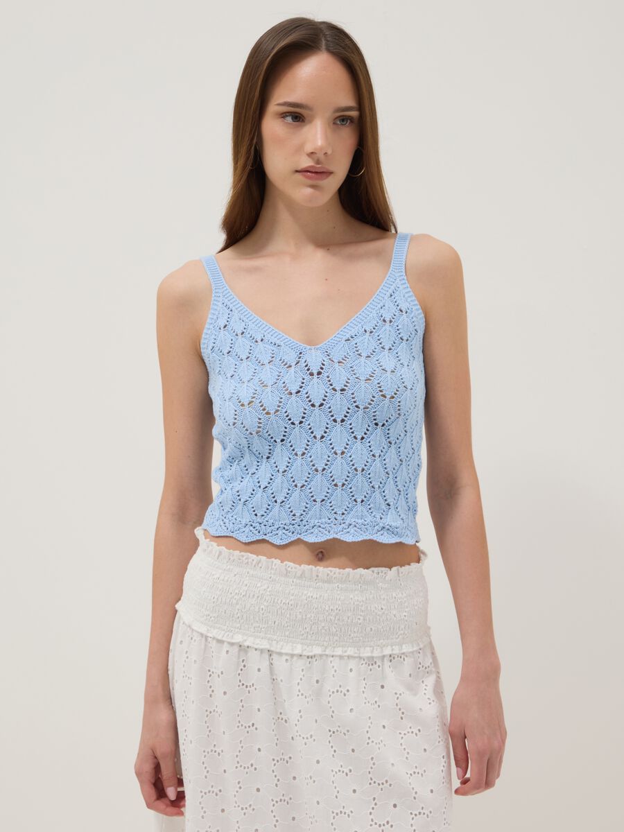 Tank Top azzurro in crochet di puro cotone regular fit_1