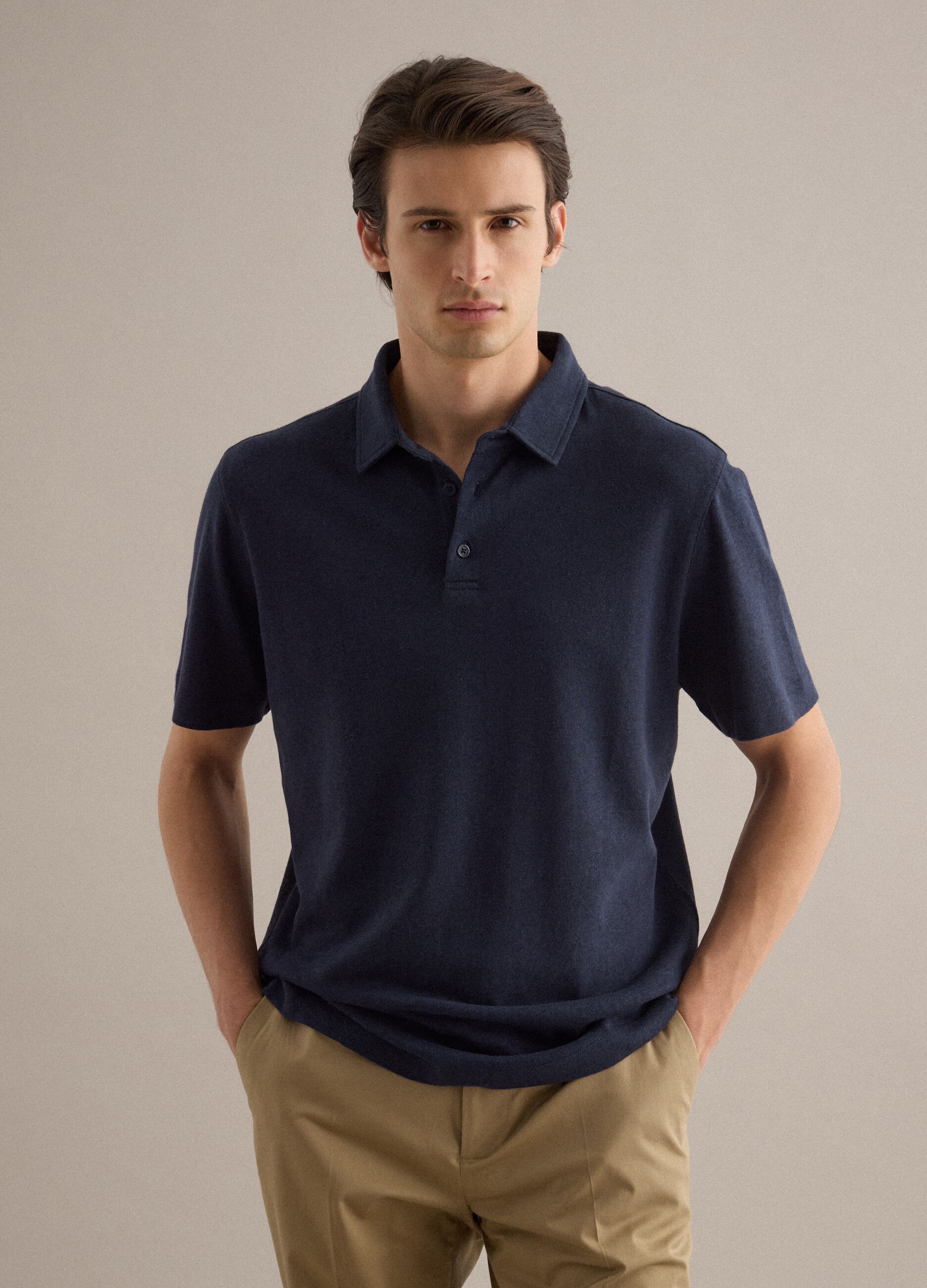 Blue linen and cotton blend polo regular fit