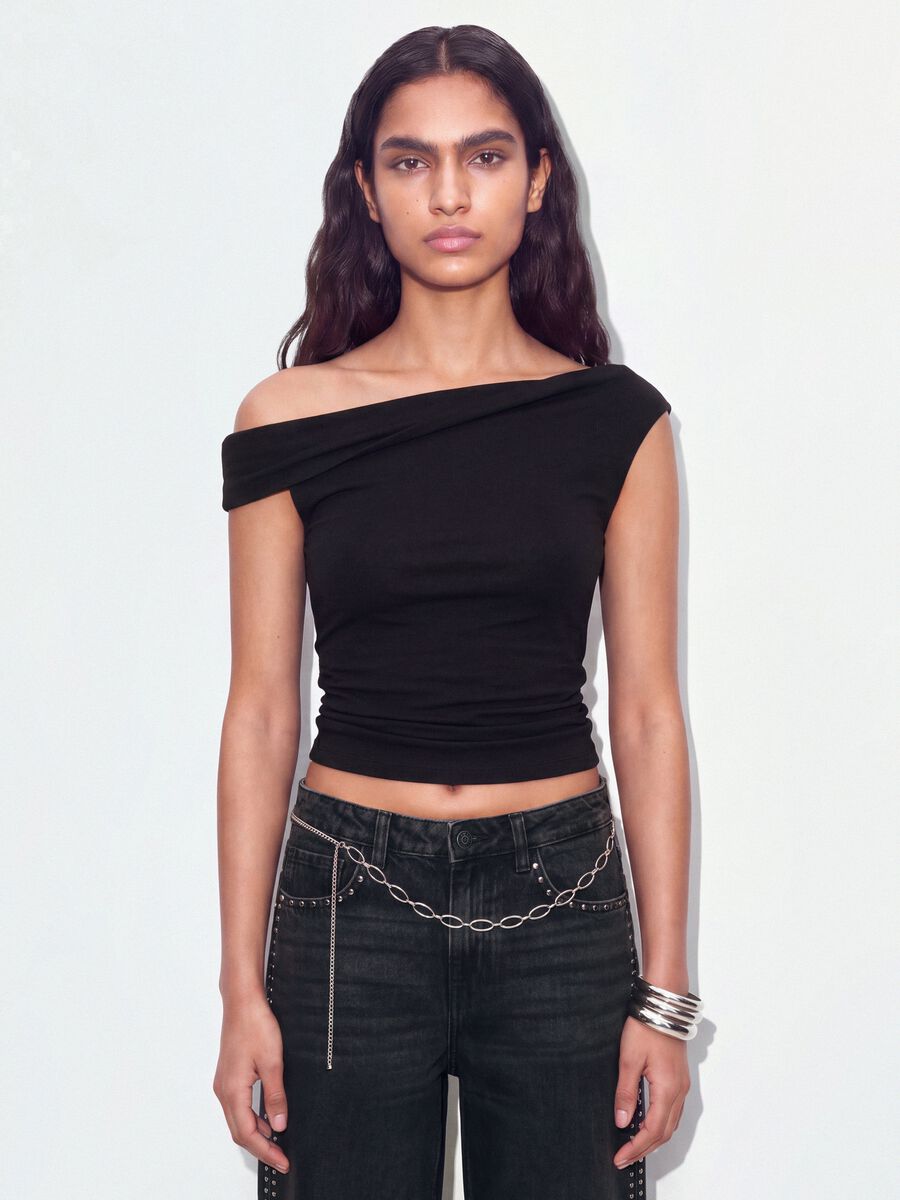 Top nero asimmetrico monospalla in viscosa elasticizzata slim fit_0