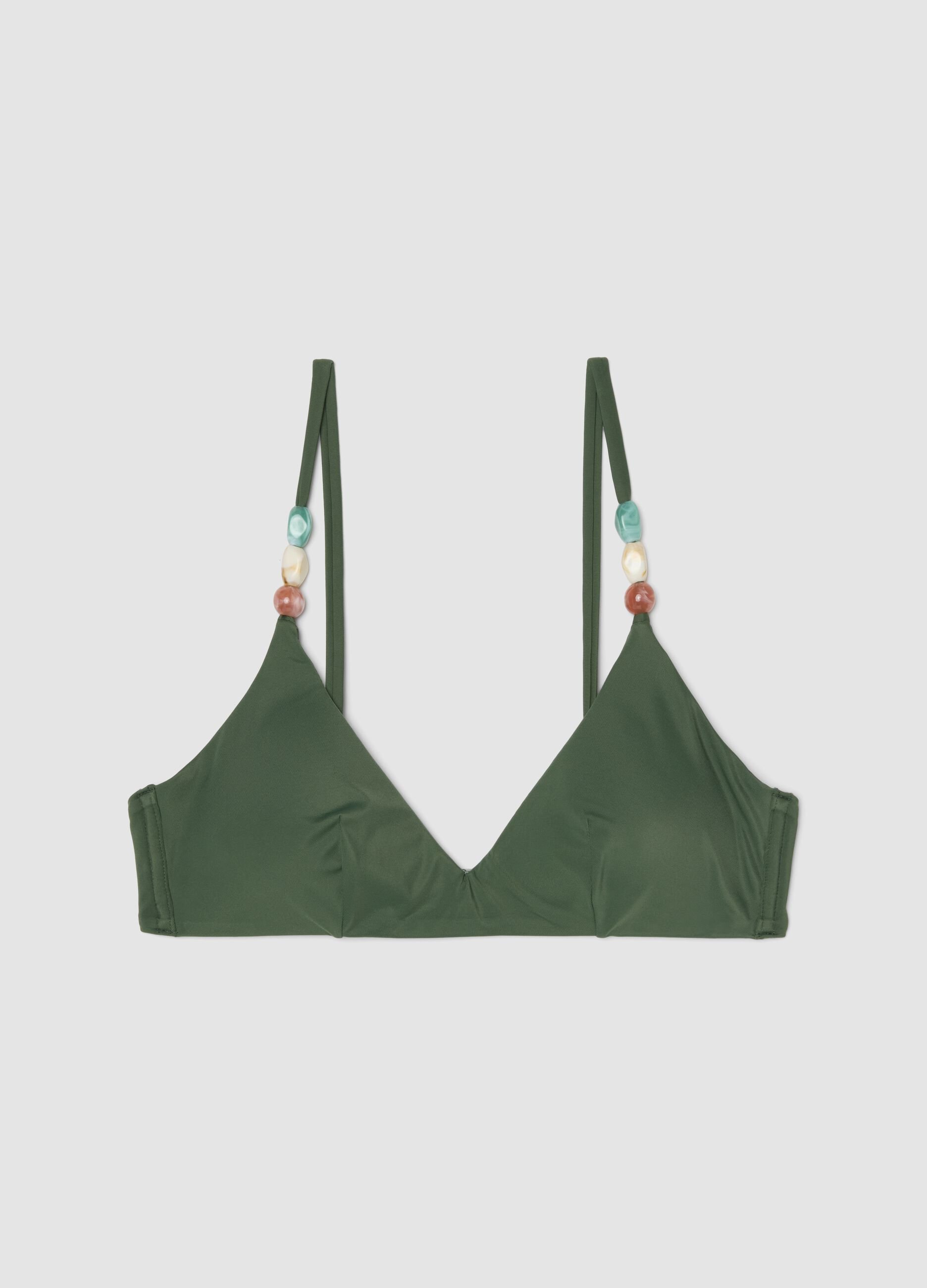 Green stretch-fabric bikini top with embellished straps