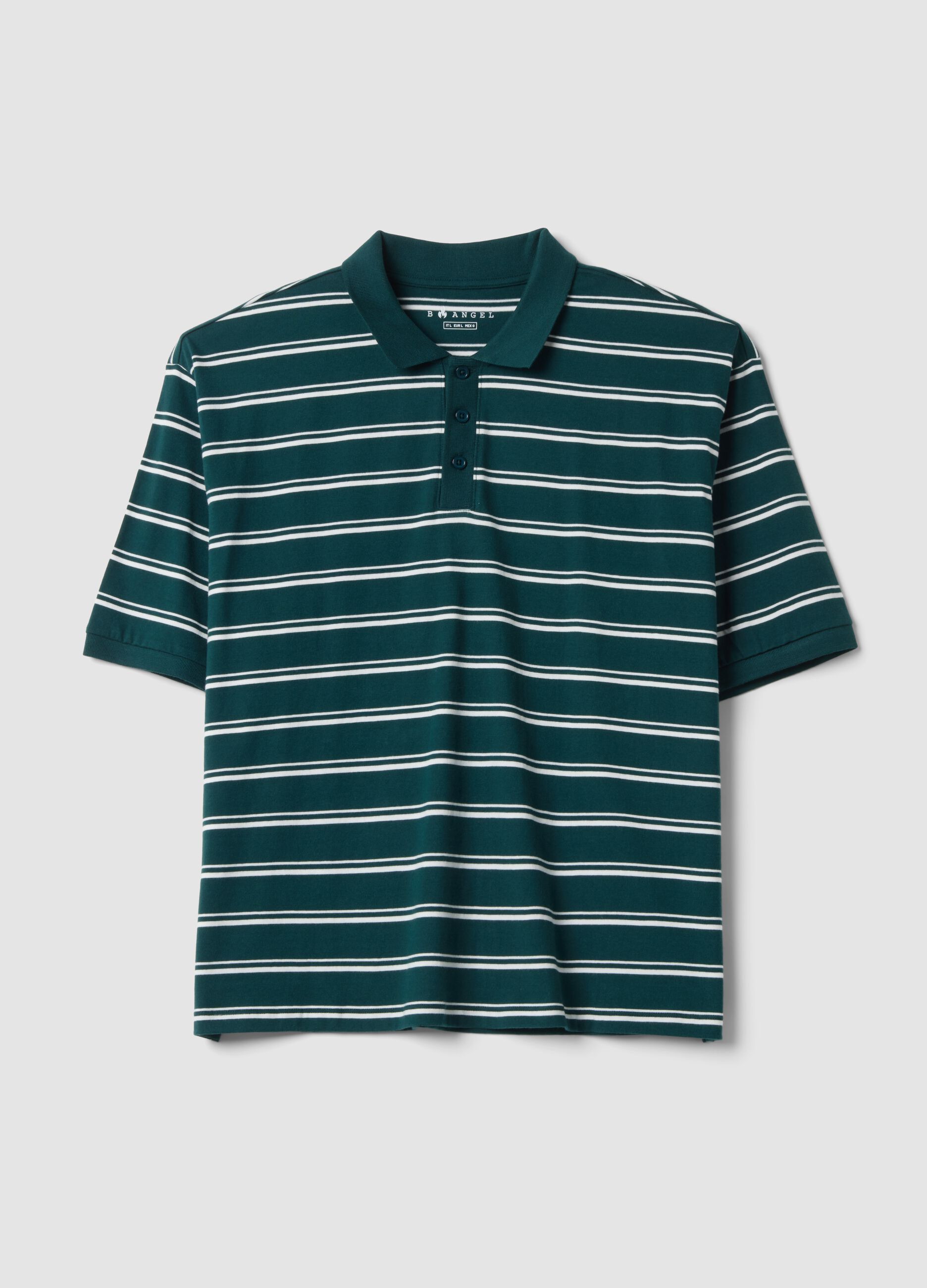 Green pure cotton striped polo shirt, regular fit