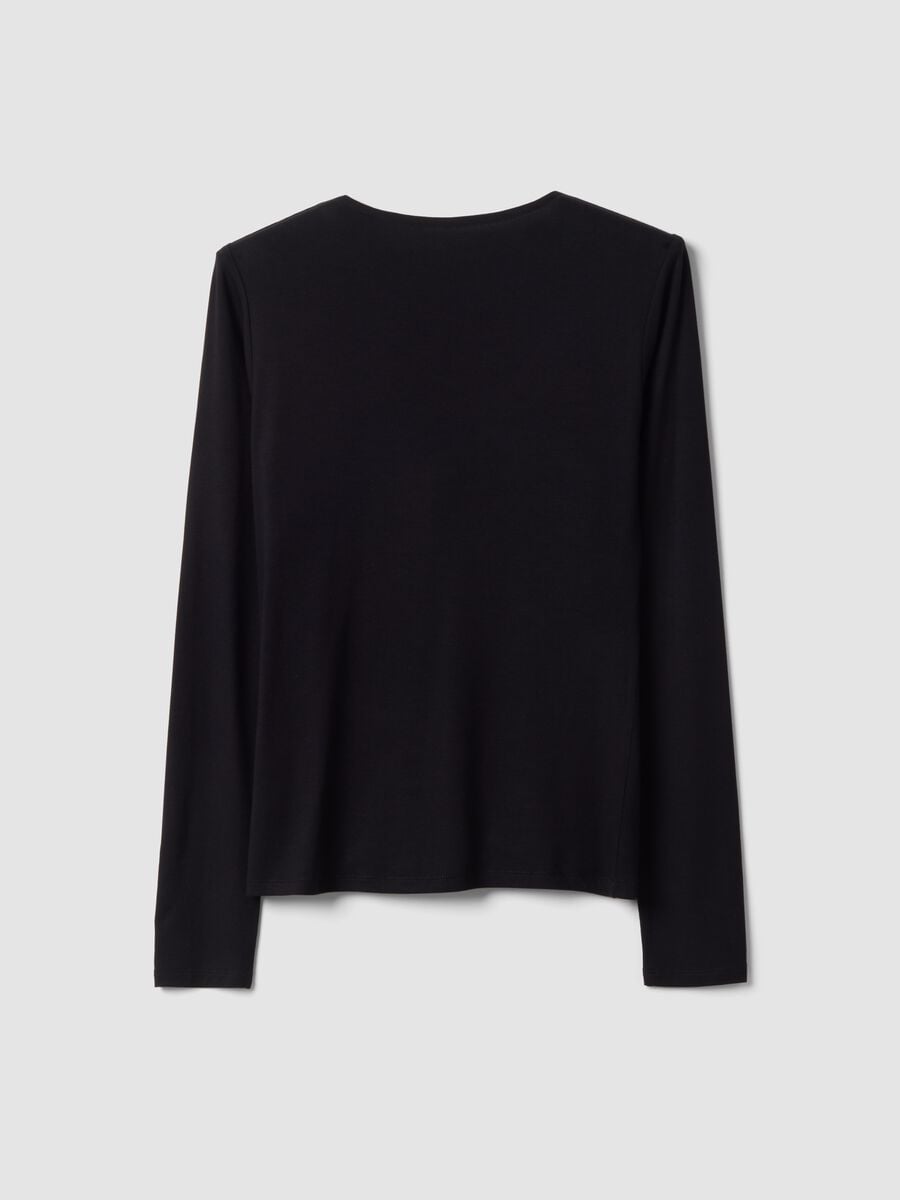 T-shirt nera in viscosa elasticizzata con arricciatura frontale slim fit_6