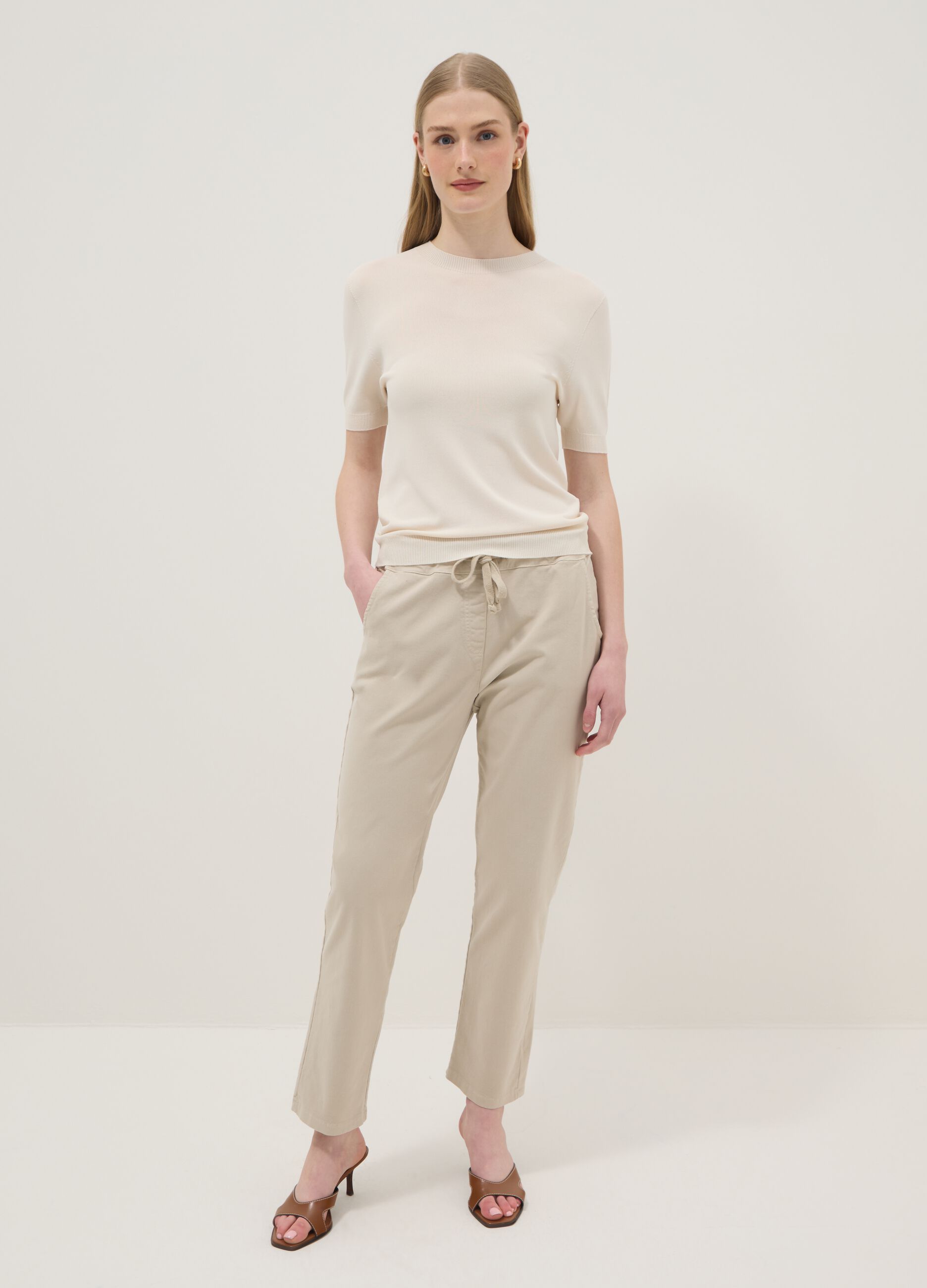 Beige stretch cotton paper bag trousers regular fit