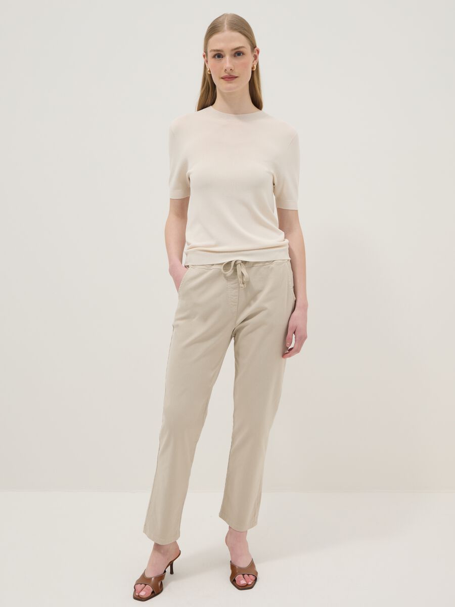Pantaloni paper bag in cotone elasticizzato beige regular fit_0