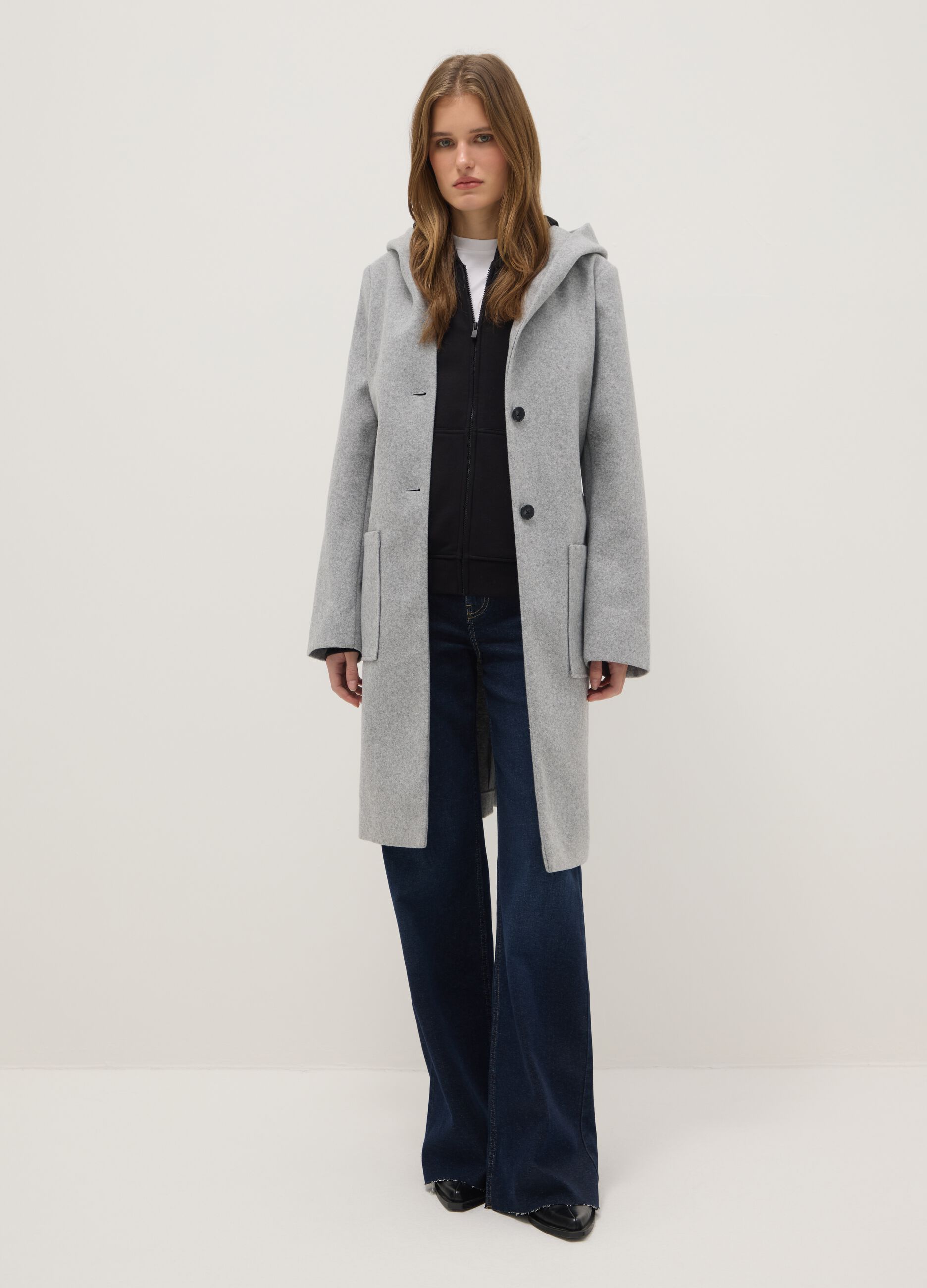 Grey single-breasted regular fit coat with belt