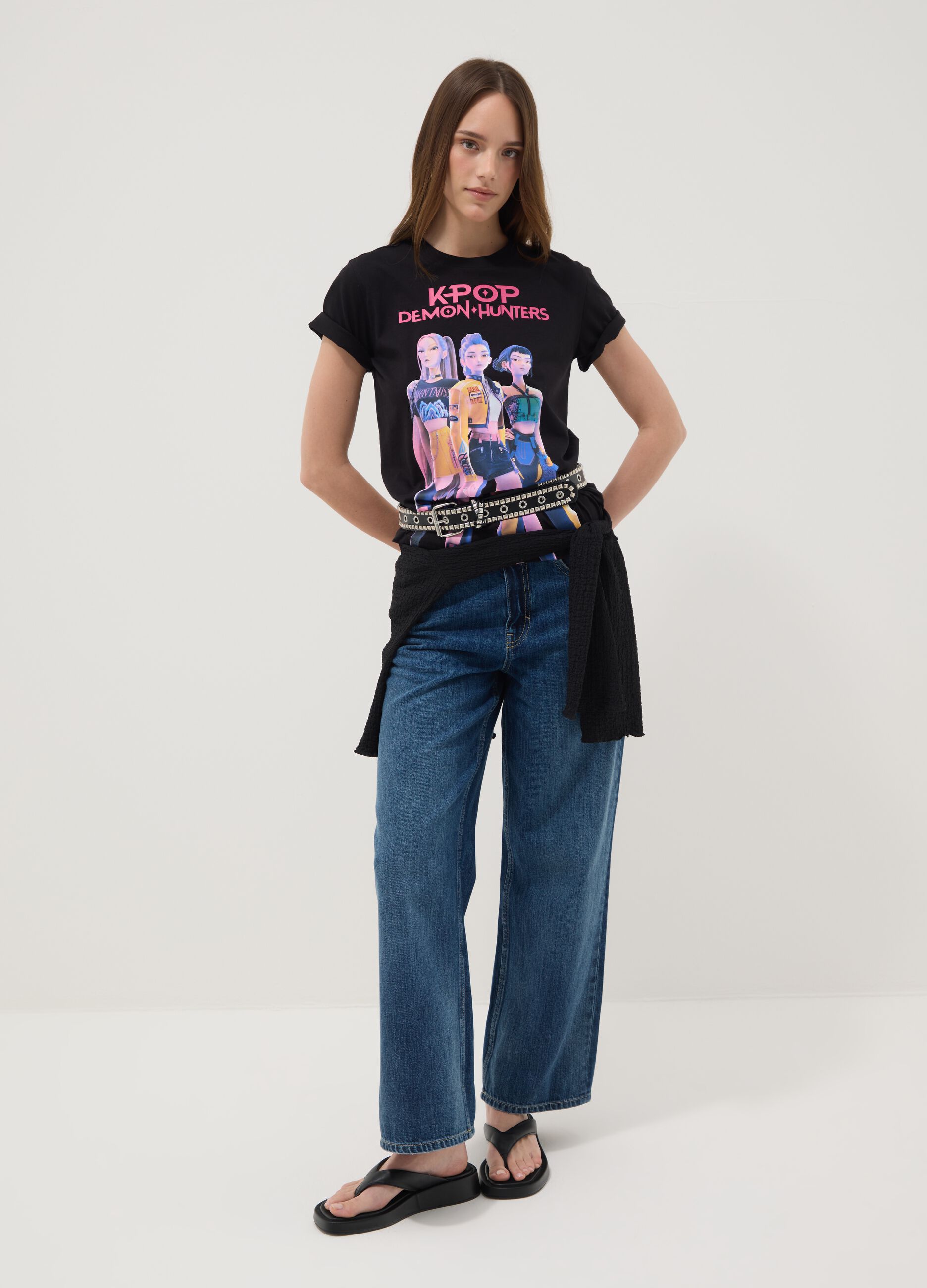 T-shirt in puro cotone nero regular fit con stampa K-Pop Demon Hunters