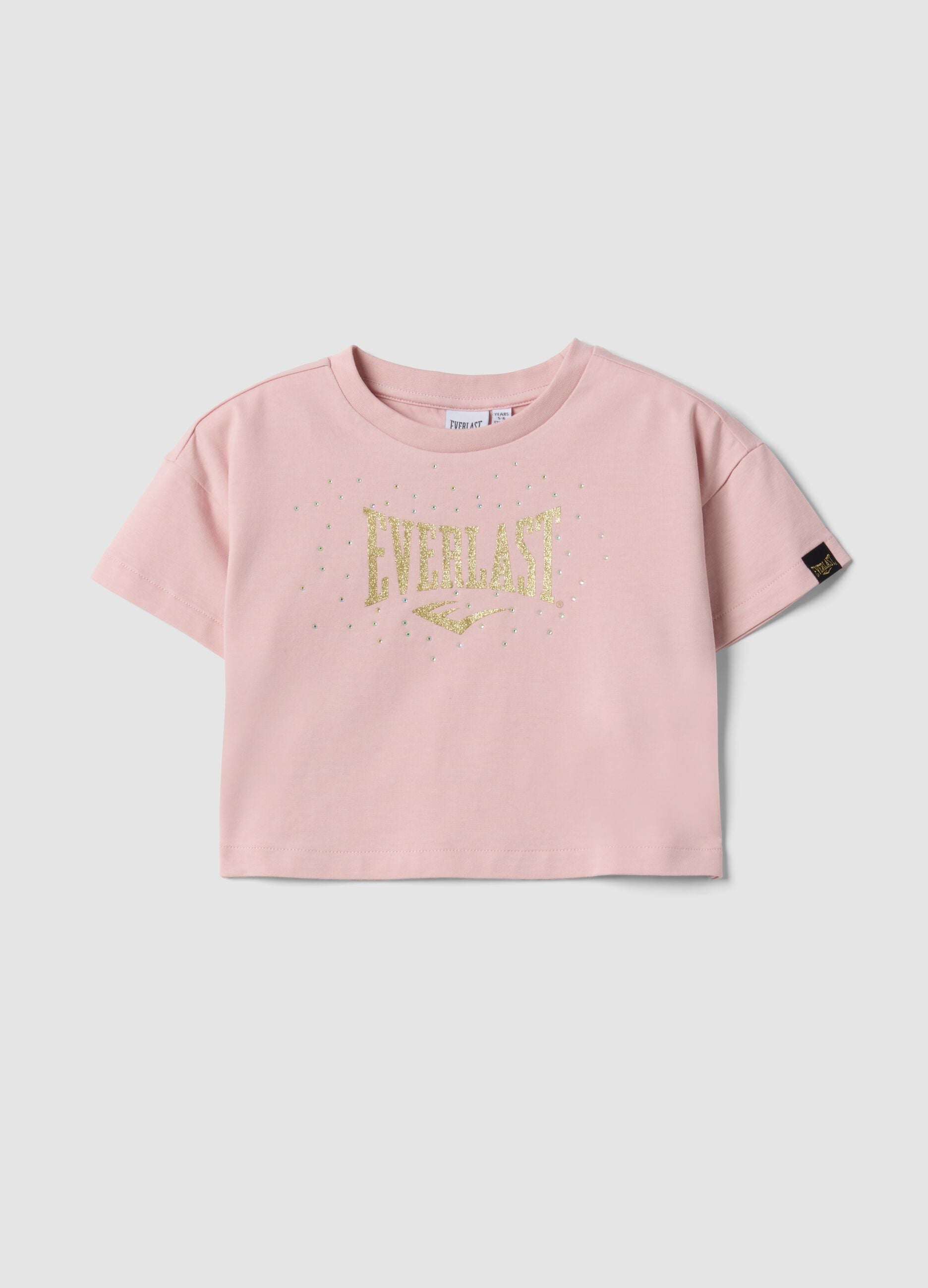 Pink cropped stretch cotton T-shirt with print for girls