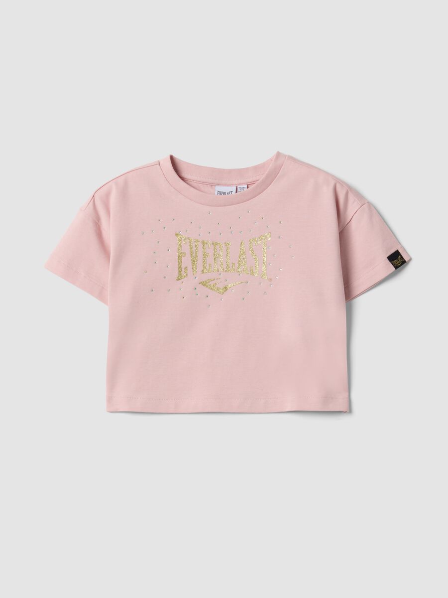 Pink cropped stretch cotton T-shirt with print for girls_0