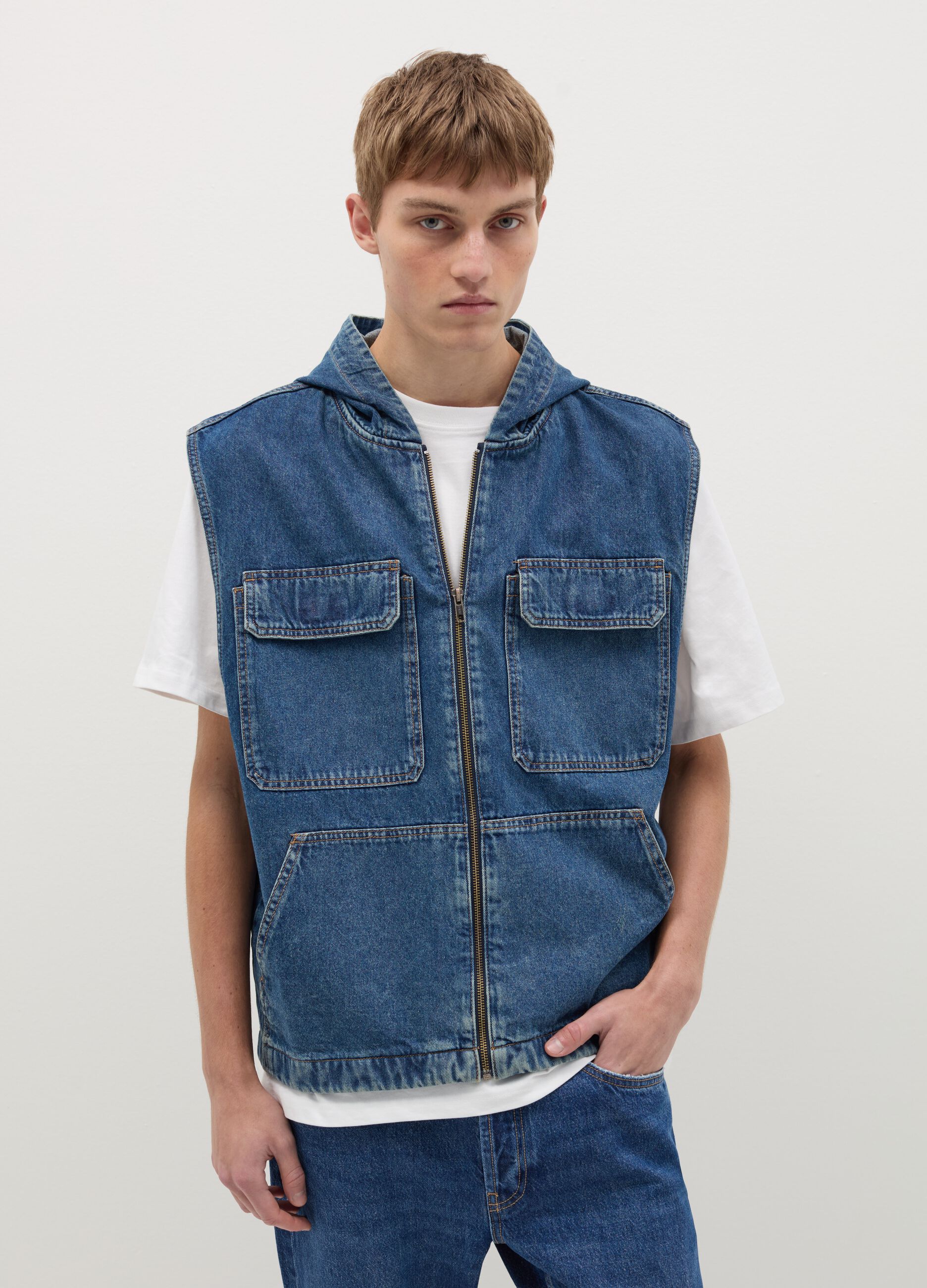 Full-zip gilet in denim with hood