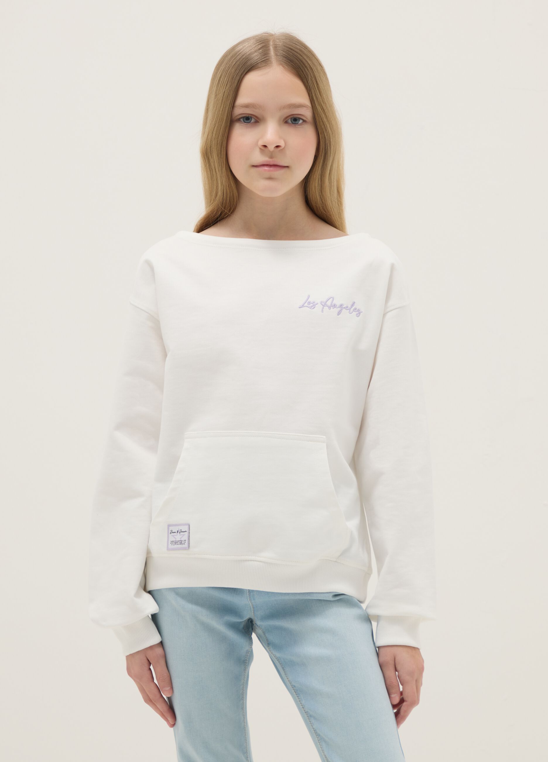 White pure cotton oversized fit girls' sweatshirt with boat neckline
