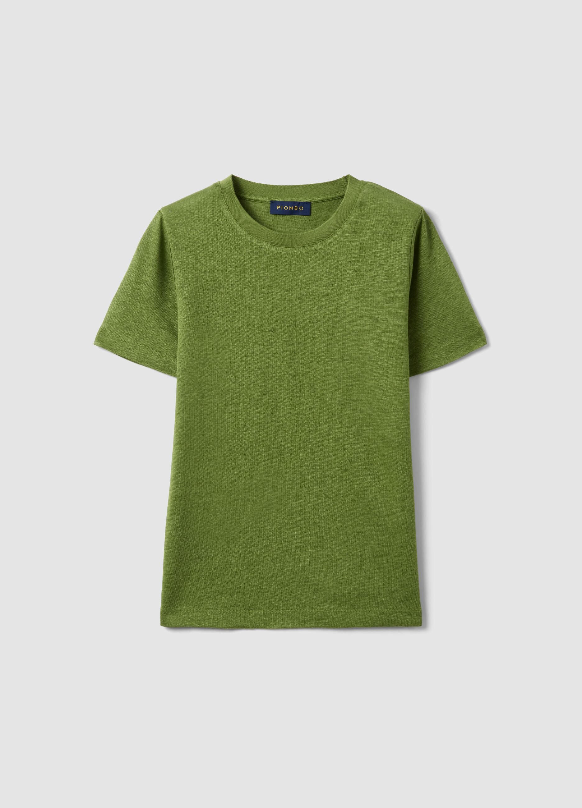 Green pure linen short-sleeve T-shirt, regular fit