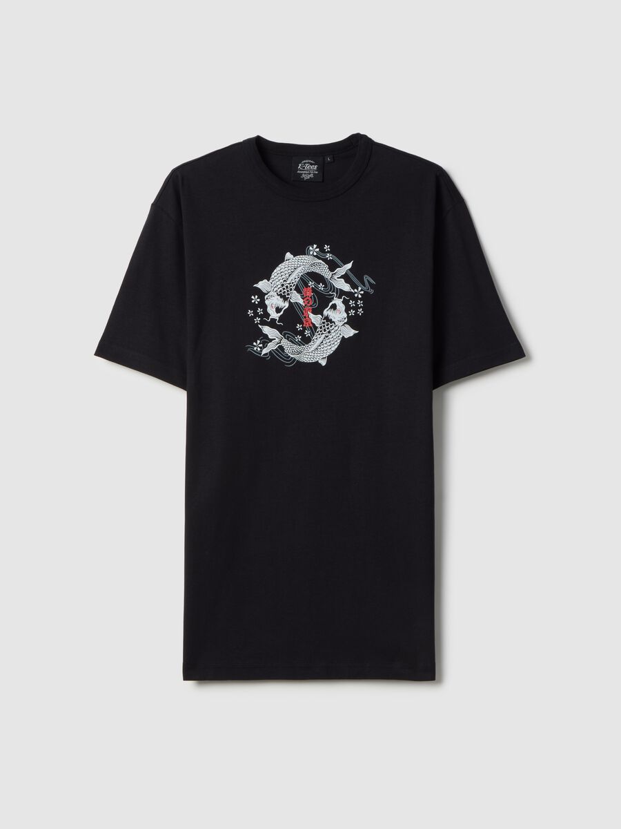 Black pure cotton regular fit T-shirt with Koi carp print_4