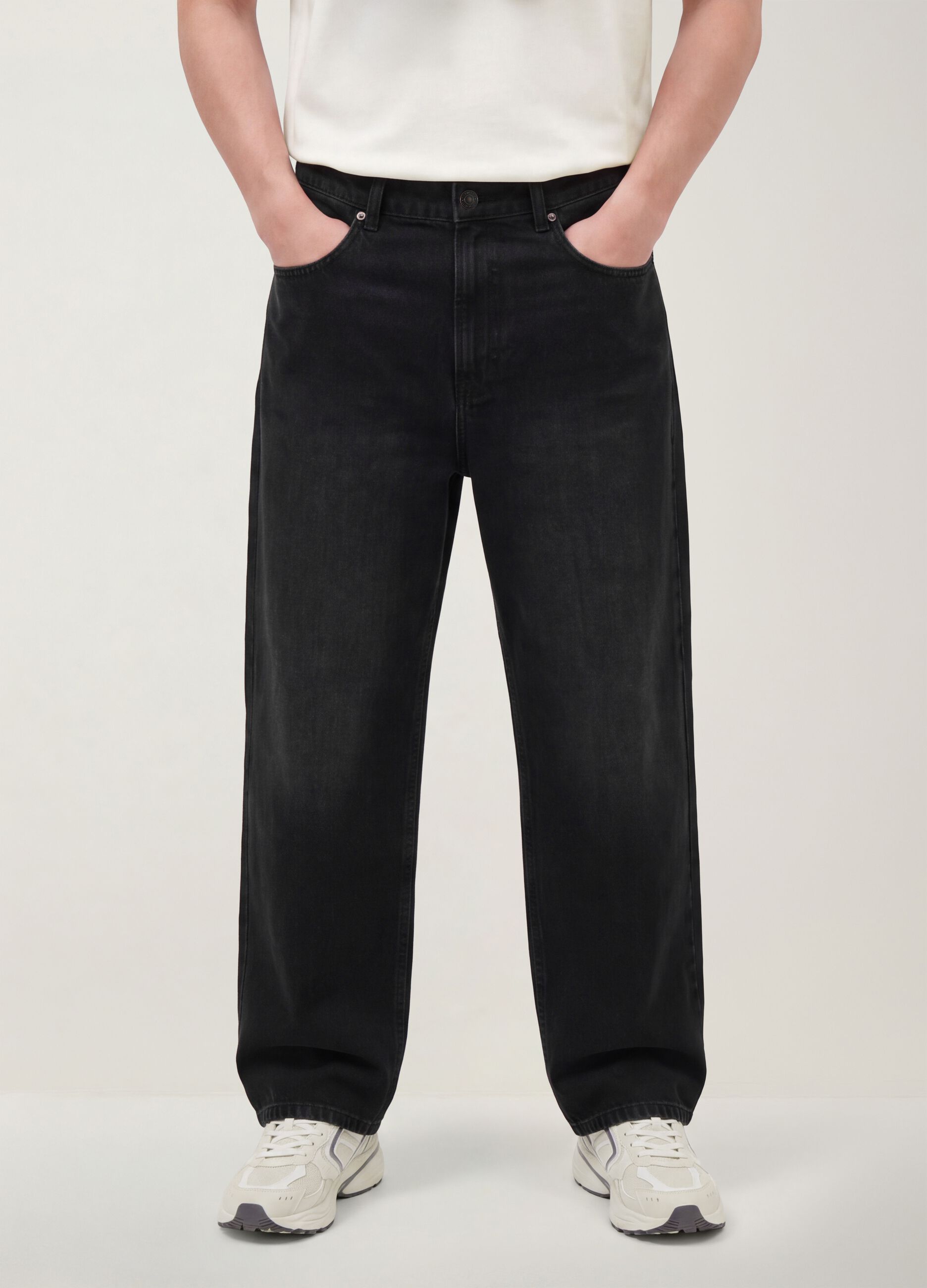 Black cotton denim wide-leg jeans