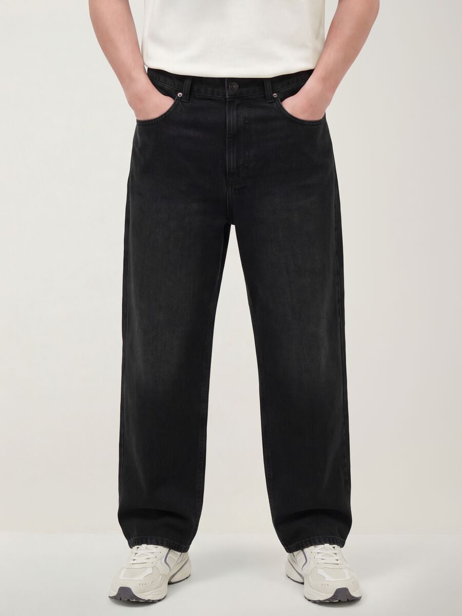 Jeans denim neri wide leg in puro cotone_1