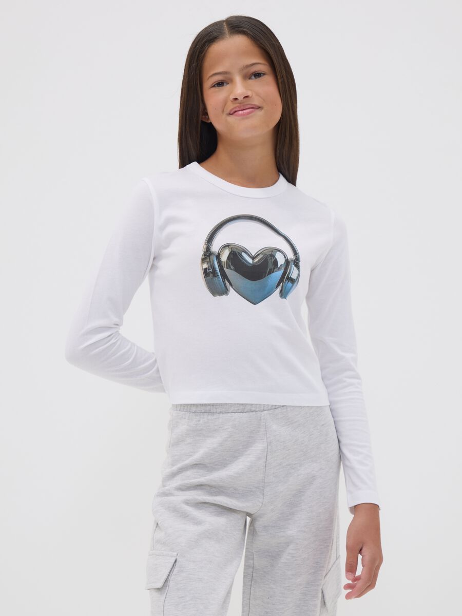 T-shirt bianca in puro cotone organico con collo a costine per ragazza_1