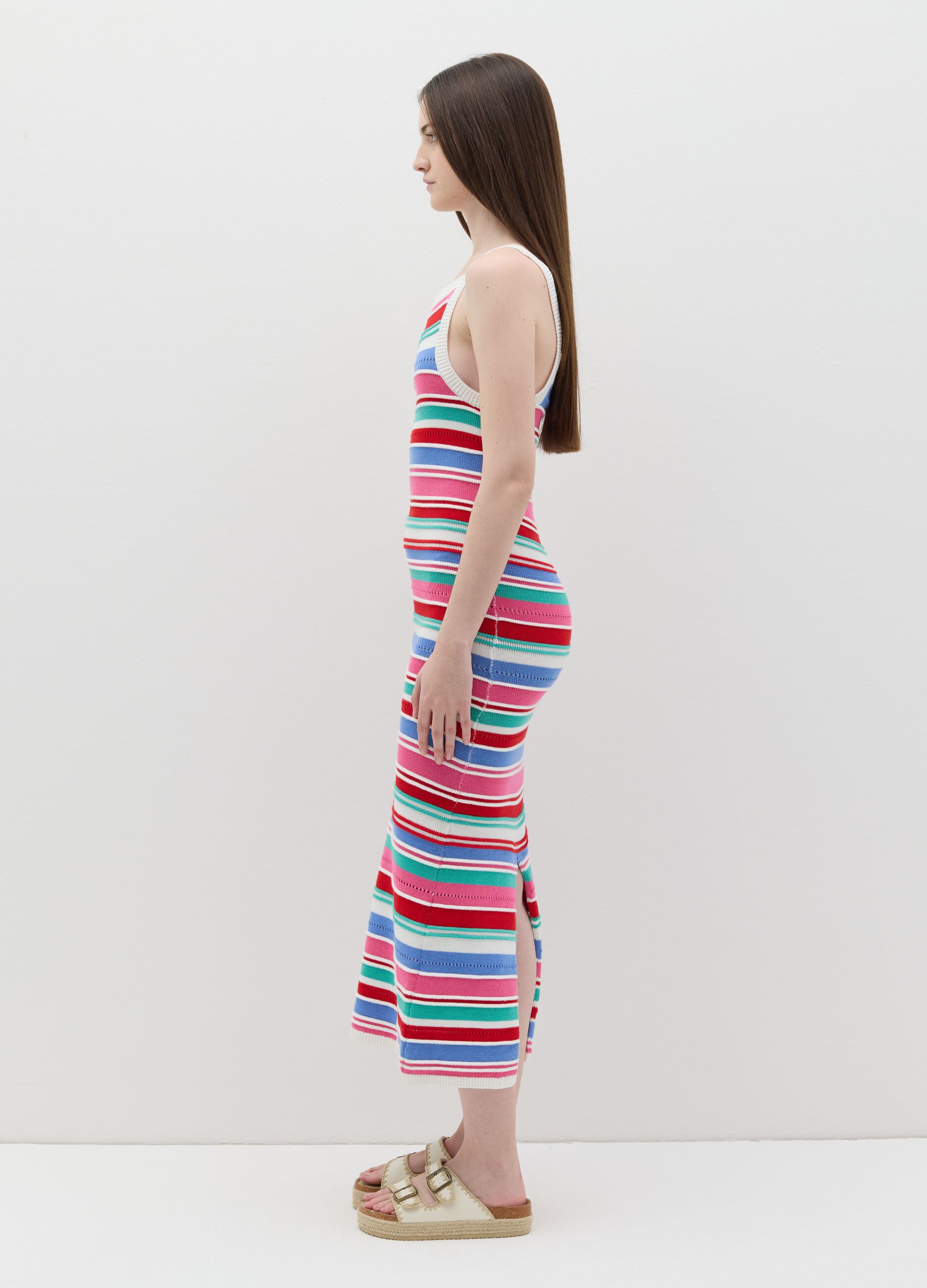 Sleeveless dress with multicoloured stripes