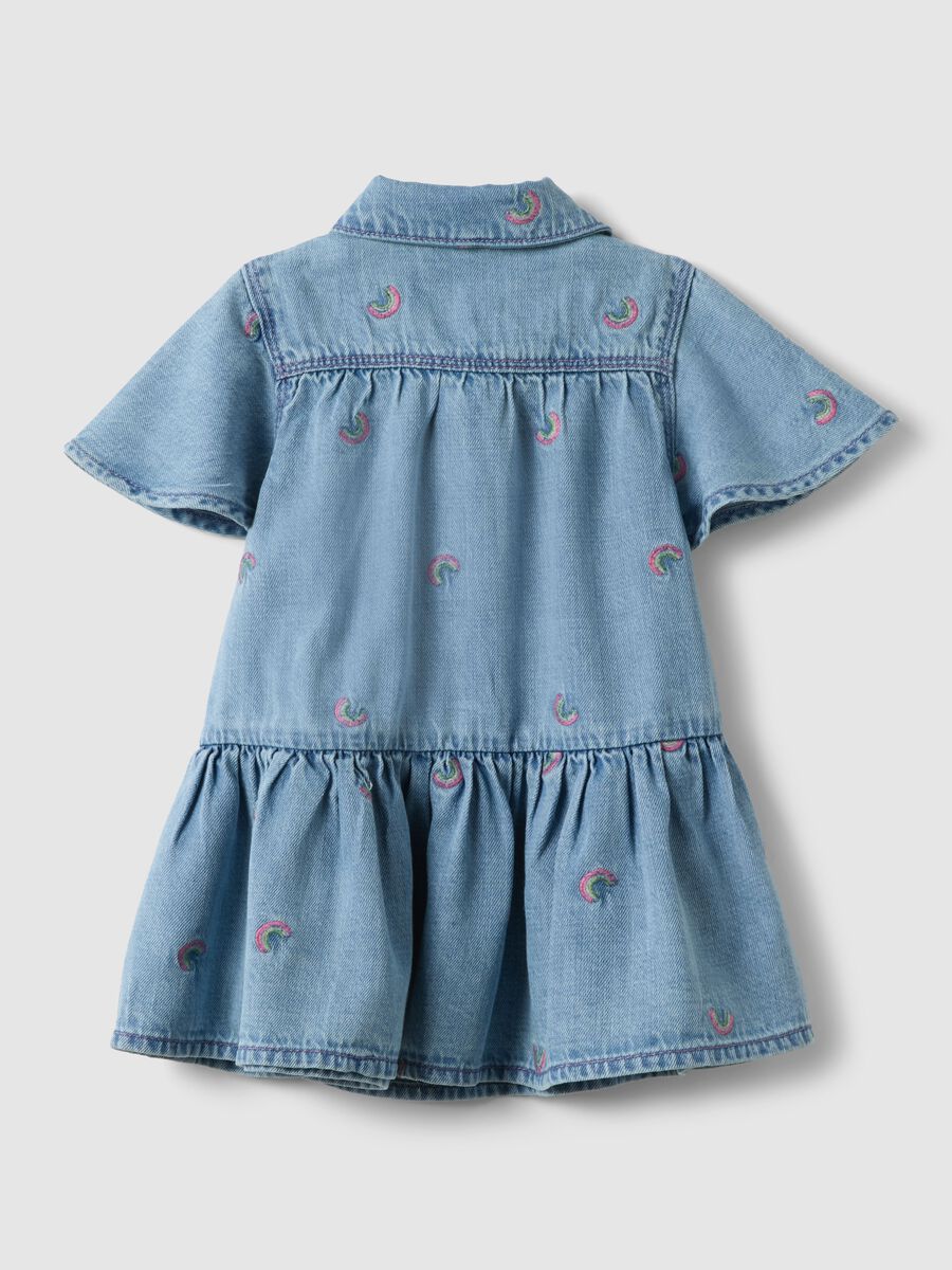 Blue denim cotton blend dress for girls with rainbows_1