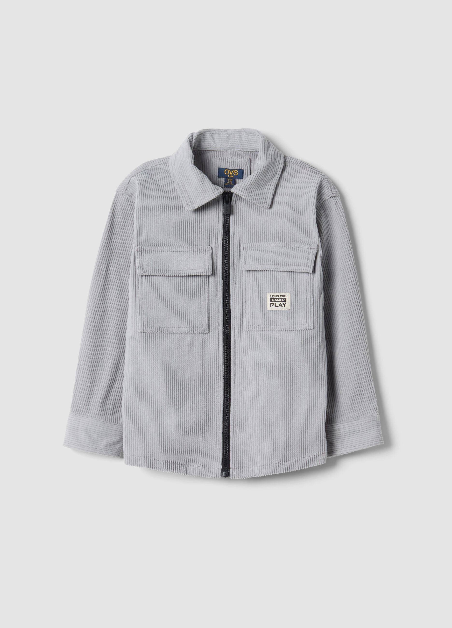 Camicia grigia a coste con zip e colletto classico over fit
