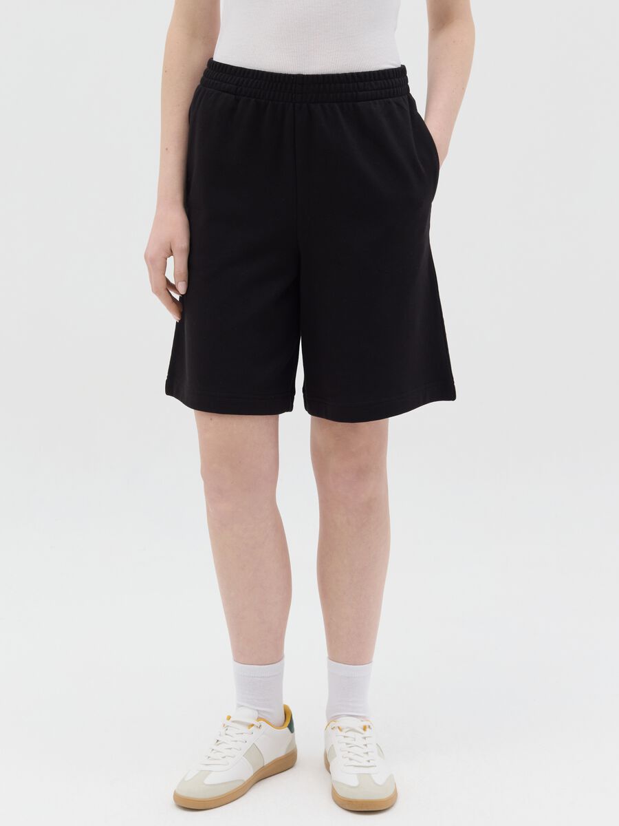 Black Bermuda shorts in French terry with elasticated waist_1